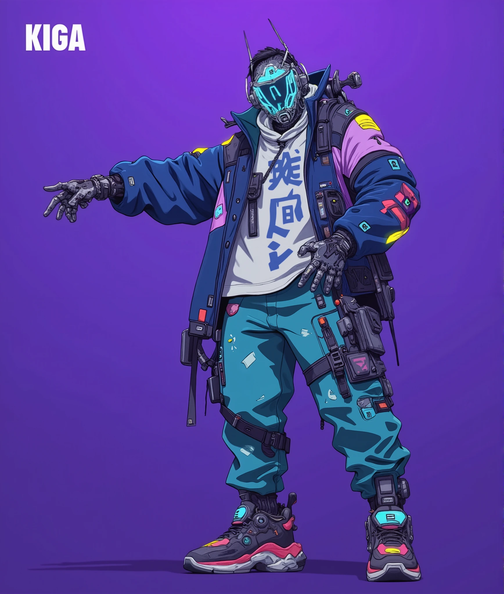 characters Wear a loose blue and white patchwork jacket , with a pair of high-tech sneakers 。 , Includes tech brand logos and cyberpunk-inspired details {x} The helmet design has sharp lines and glowing blue-green details, to show a sense of the future and fighting style 。} with abstract geometric patterns and futuristic font , with a simple white hoodie , The character wears a high-tech mechanical helmet , The lower body wears blue-green multi-pocket cargo pants ,The sole is rich in detail 。 character's overall posture , reflects the attitude of street style 。 The background uses bright purple , The lower body wears a high-tech mechanical helmet , design a cyberpunk-style futuristic character 。Soft lighting, highlights the material and color scheme of the character's clothing , to create a strong futuristic urban atmosphere 。