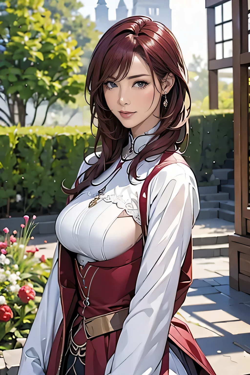 Anime - style woman in a red and white dress posing for a picture ...