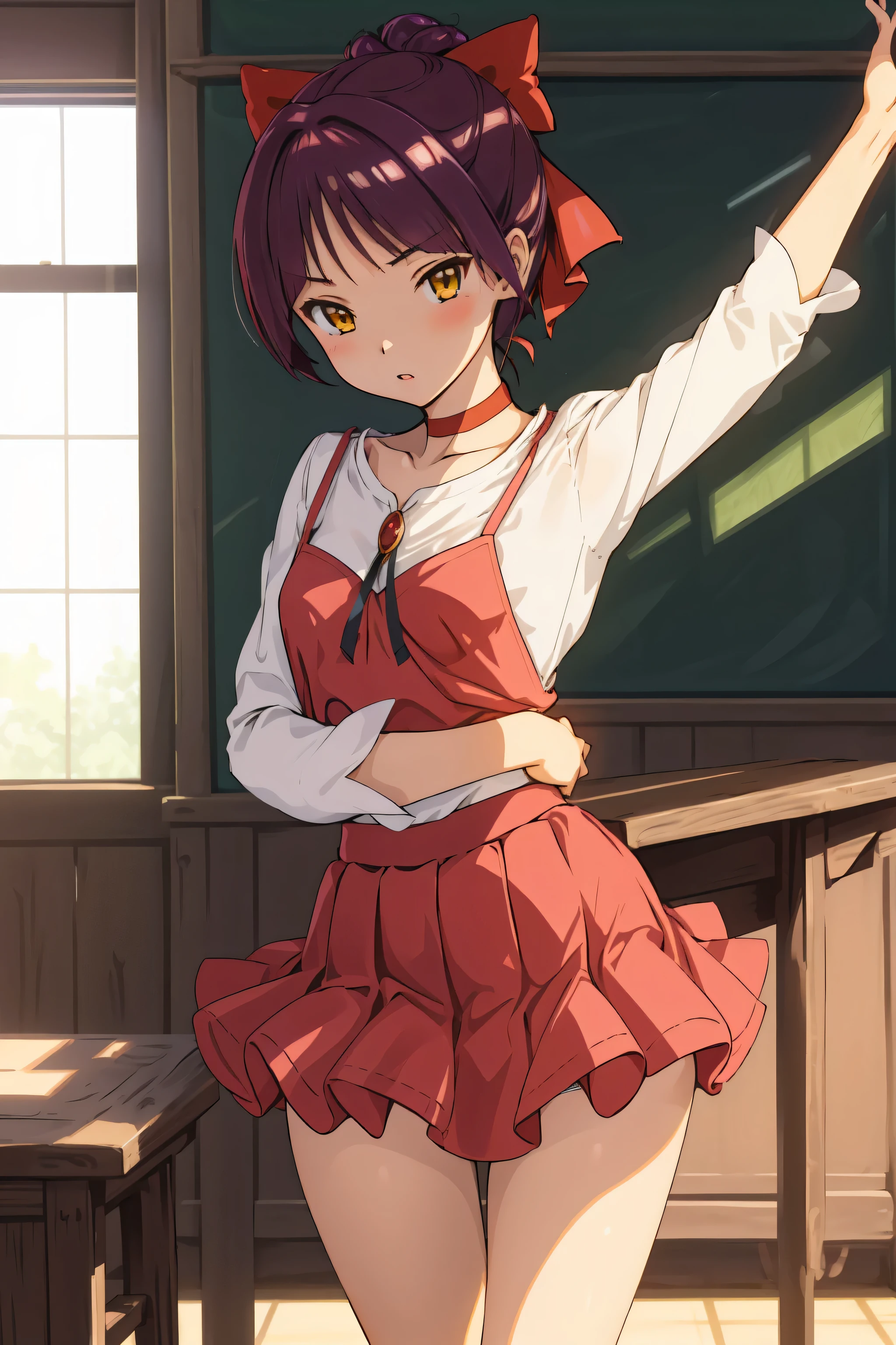 masterpiece, ((Very detailed background, delicate pattern , Intricate Details )), ( very detailedな, Details), anime coloring,top quality ,growing eyes ,beautiful lighting arranged in an orderly manner, One Girl , Purple Hair, yellow eyes, Red Choker , Big red hair ribbon, short hair, red ribbon, beautiful collarbone, thin, very stylish, ((white Long down blouse, red miniskirt)) "Catgirl" flat chest, small breasts, detailed background, perfect lighting, indoor, classroom, In front of the blackboard, standing position , sunlight, Best Shadow, Best lighting, flat chest, small breasts, Long down blouse, Pictures of cute Japanese women in loose t-shirts ,white panties , slender limbs, delicate curves, dainty hands,figure:0.8,