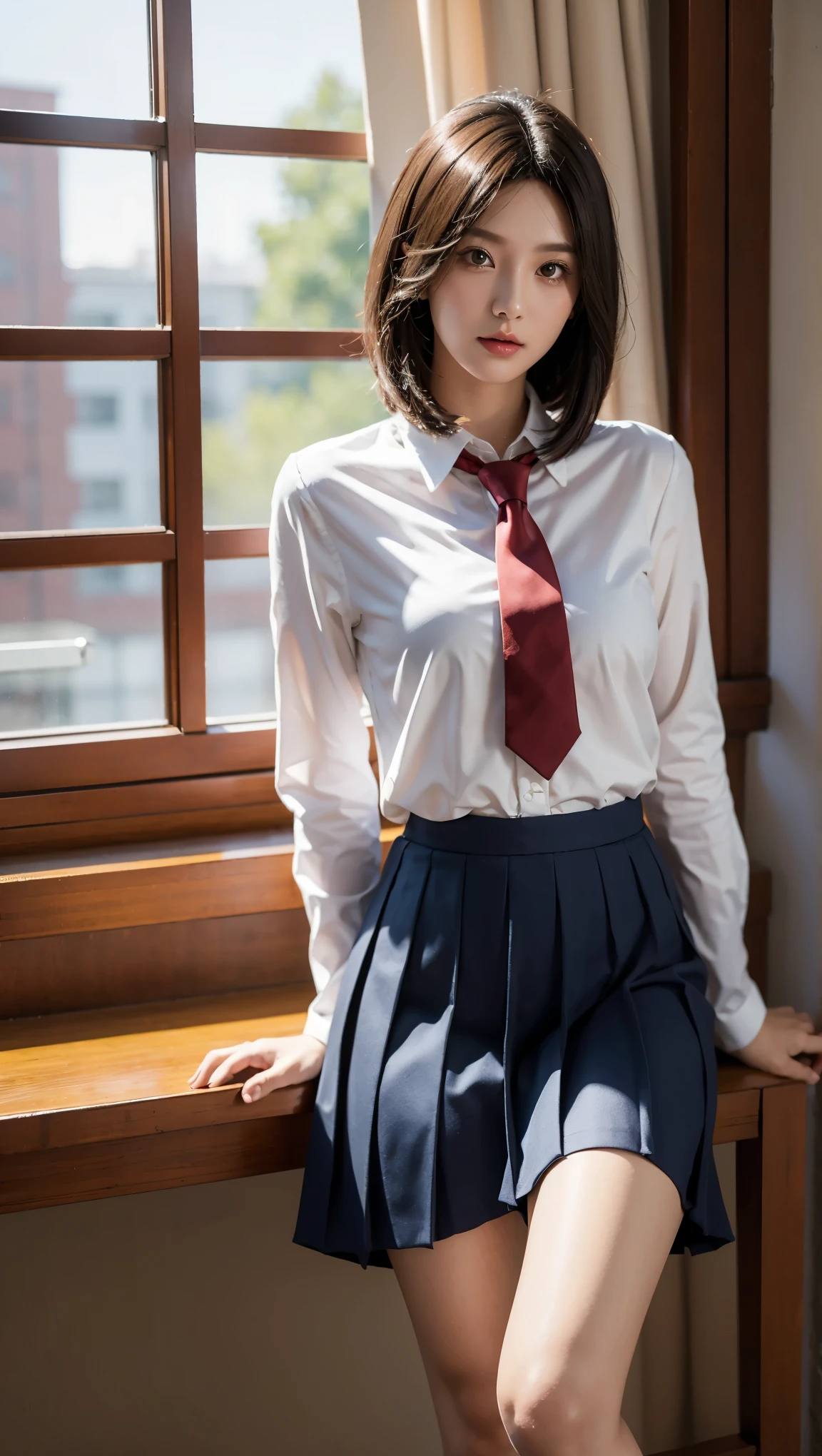 hight resolution、high-level image quality、8K、Real live-action、生a picturegraphy、top-quality、​masterpiece、masutepiece、Erotic、Pupils、Pink bra,de pele branca,kne,(Black pantyhose),Detailed panty patterns、panties focus、pink color panties、Tiny panties、absurderes,a small face、huge-breasted、Parting the bangs from the middle、Forehead visible,(a cold expression<The eyeがきつめ,glares,Bullish,Thin anger)、​masterpiece,top-quality、超hight resolution,生a picture,ren,Beautiful fece,One Person, 独奏,Dark look,Small breasts,fullllbody、Very nice、JK school uniform,hi-school girl,A Japanese Lady,is standing,（Photorealsitic：1.37）、Photon mapping,Light blue ribbon,Realistic、Cute little face,ブラウンThe eye、Black socks、22year old、(Red bow tie)、Radio City、Physically Based Rendering、Foreground、depth of field rally background、a picture,girl with,beauty legs, Long legs, Thin leg,Long bob cut,(Bangs are visible), hair, s lips, Blue_The eye, nosesoft,(PINK SHIRT), (Navy pleated skirt), Navy blue uniform jacket、White Sweater Vest、kneが見える,Sheer clothing,, Thigh, Black cotton socks,Nogizaka Idol, , Japanese ido、Sparkling eyes、光沢のあるs lips、legs showing、low angle shot from below、pantyshot
