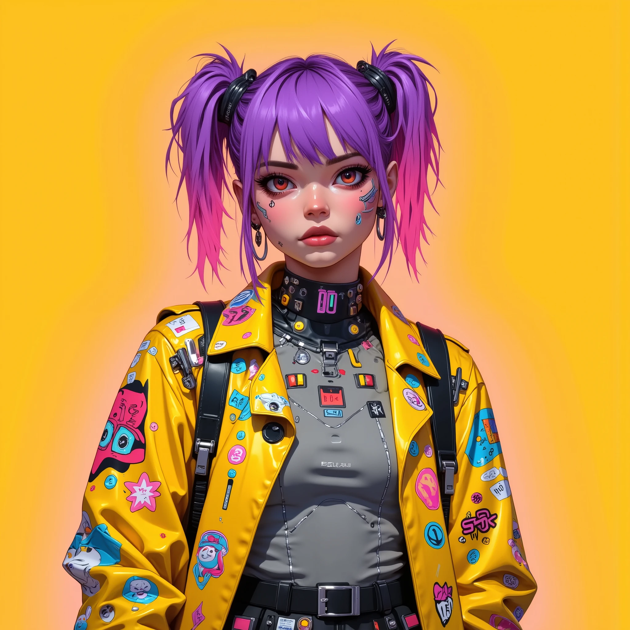 Design a female character portrait with cyberpunk and street fashion styles，Shows vitality and personality。The character has purple twin ponytails，The hair ends are slightly messy，And it is decorated with a variety of cute hairpins and hair accessories， loose and comfortable 。Her expression is cool and confident，The face has delicate makeup，Including sharp eyeliner and delicate nail art。She wears a yellow loose jacket，The jacket is covered with interesting stickers and patterns，Contrasts with the gray zipper top。The overall clothing design incorporates punk elements，Such as the collar and black belt，At the same time, it is interspersed with cute cartoon symbols。The background is saturated orange，Adds visual impact to the character，Emphasizing her unique personality and distinctive trendy style。The lighting is soft and even，Highlights the character's hair color and clothing details