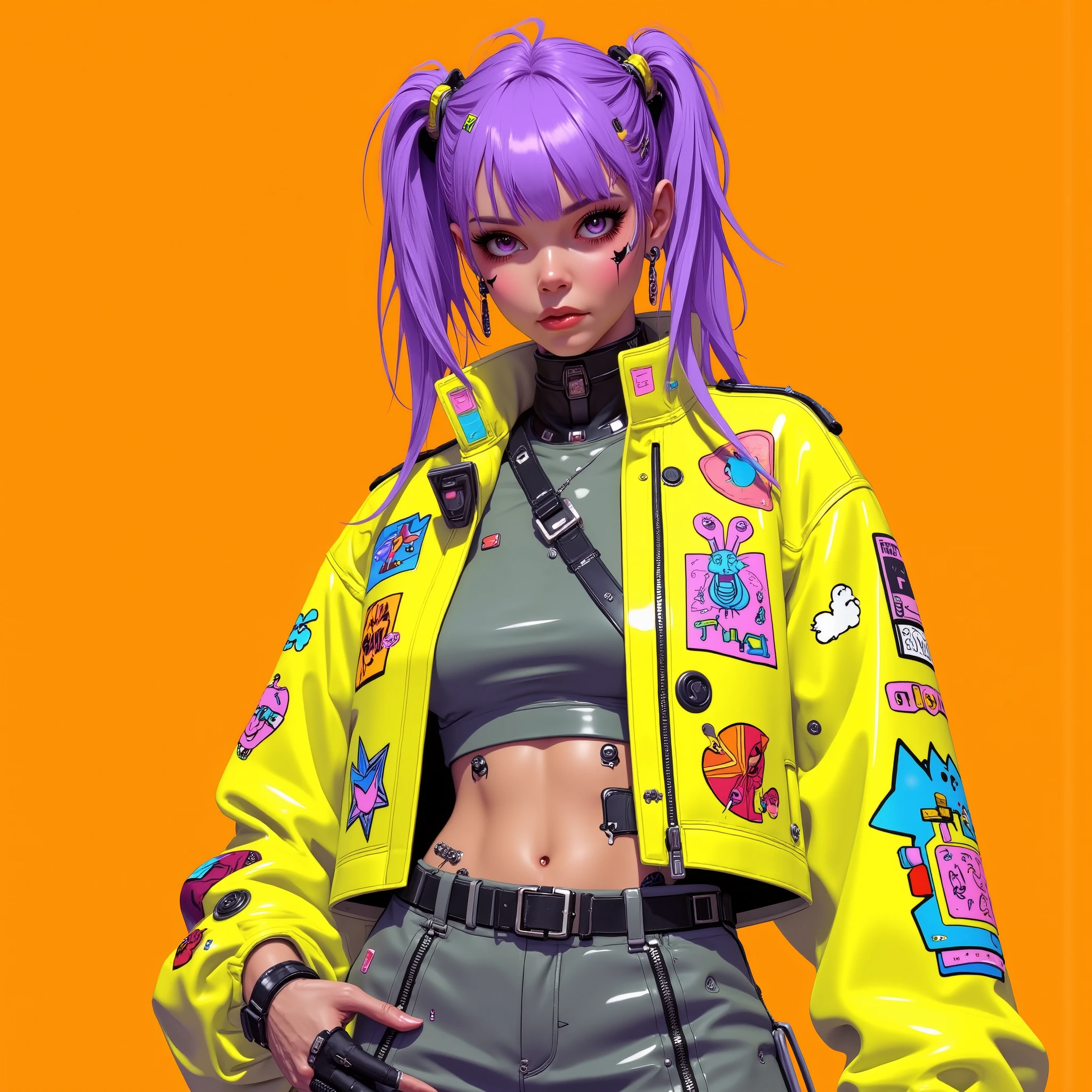 Design a vibrant female character with a cyberpunk and streetwear aesthetic. The character features a bold purple twin-tail hairstyle with slightly messy ends, adorned with various cute hairpins and accessories that add a playful touch. Her expression is confident and intense, with sharp eyeliner and subtle makeup details. She wears a bright yellow oversized jacket covered with quirky patches and designs, paired with a gray zippered crop top underneath. The outfit incorporates punk elements, such as a black choker and leather belt, while blending in whimsical cartoon motifs. The background is a saturated orange, creating a striking visual contrast that highlights the character’s unique personality and bold style. Soft, even lighting brings out the vibrancy of her hair and the intricate details of her outfit.