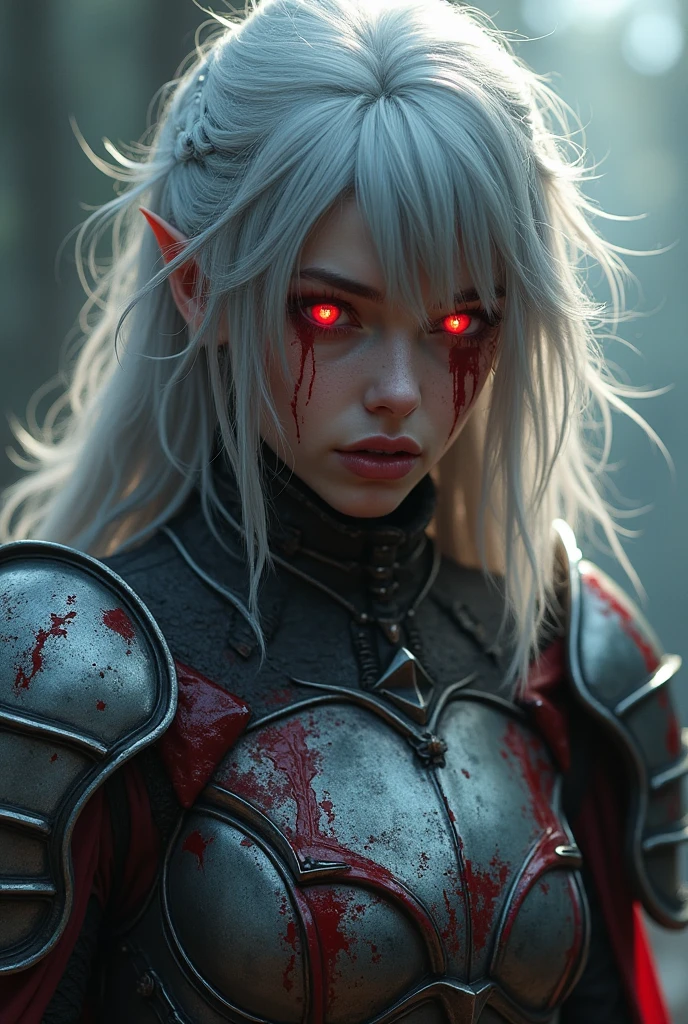 White-haired woman, terrifying appearance, with a katana and a shield, red eyes, on a battlefield covered in blood, wearing Spartan clothes, with a scar on her left eye,