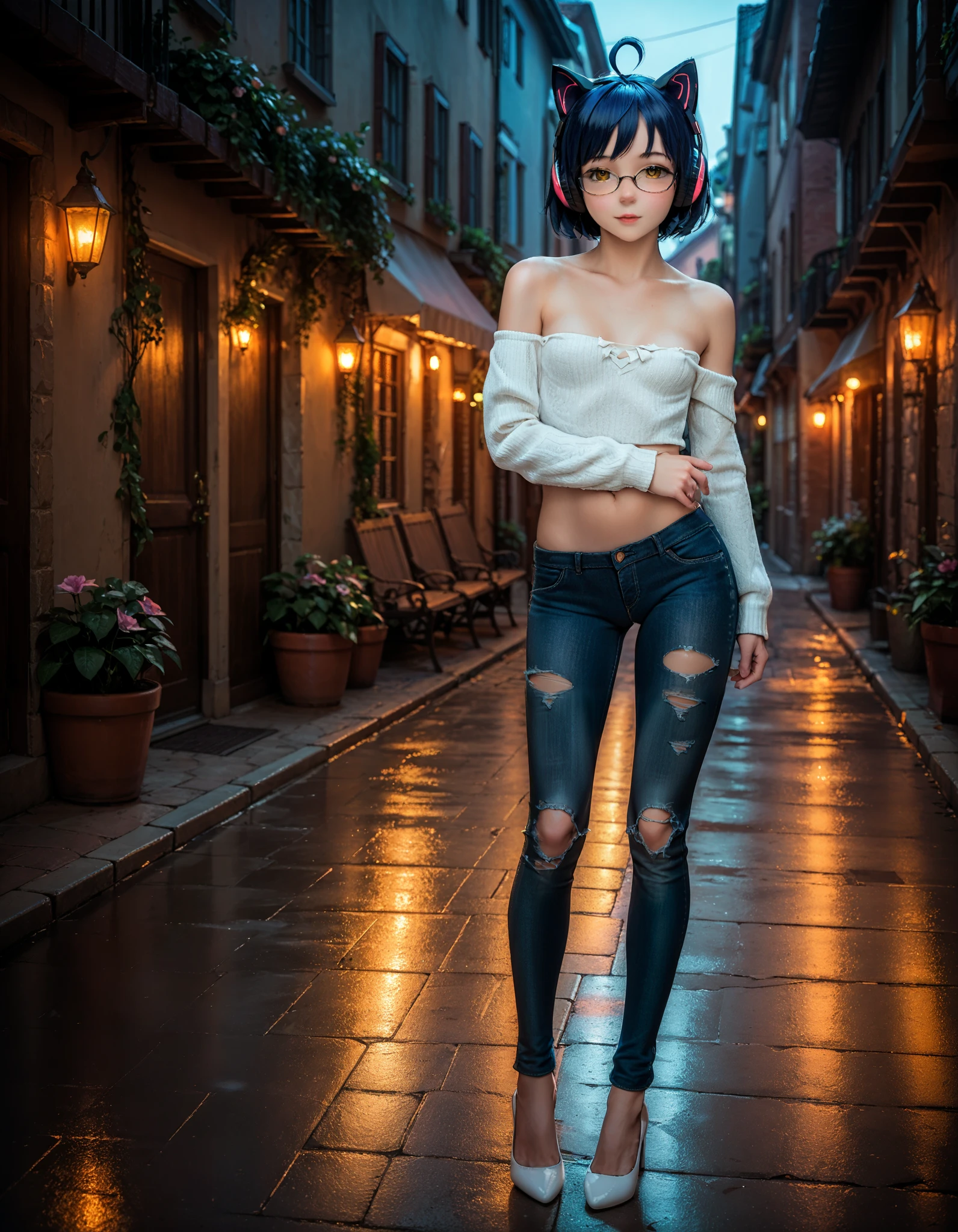 score_9, score_8_up, score_7_up, score_6_up, solo, shy, Standing at attention, clear light skin, very long straight hair, Young girl, Beautiful Finger, Beautiful long legs, Beautiful body, perfect eyes, expressive eyes, looking at viewer, 16k wallpaper, perfect lighting, masterpiece, (Beautiful small Breasts:1.2), (slender girl), (on the street in small town:1.3), summer day, ear headphone in the form of cat ears, denim microshort, low-waist microshorts, loose cropped sweater with open shoulders, look at you, torn jeans, sexy jeans, mz, ahoge, short hair, blue hair, yellow eyes, glasses,  strapless, white high heels