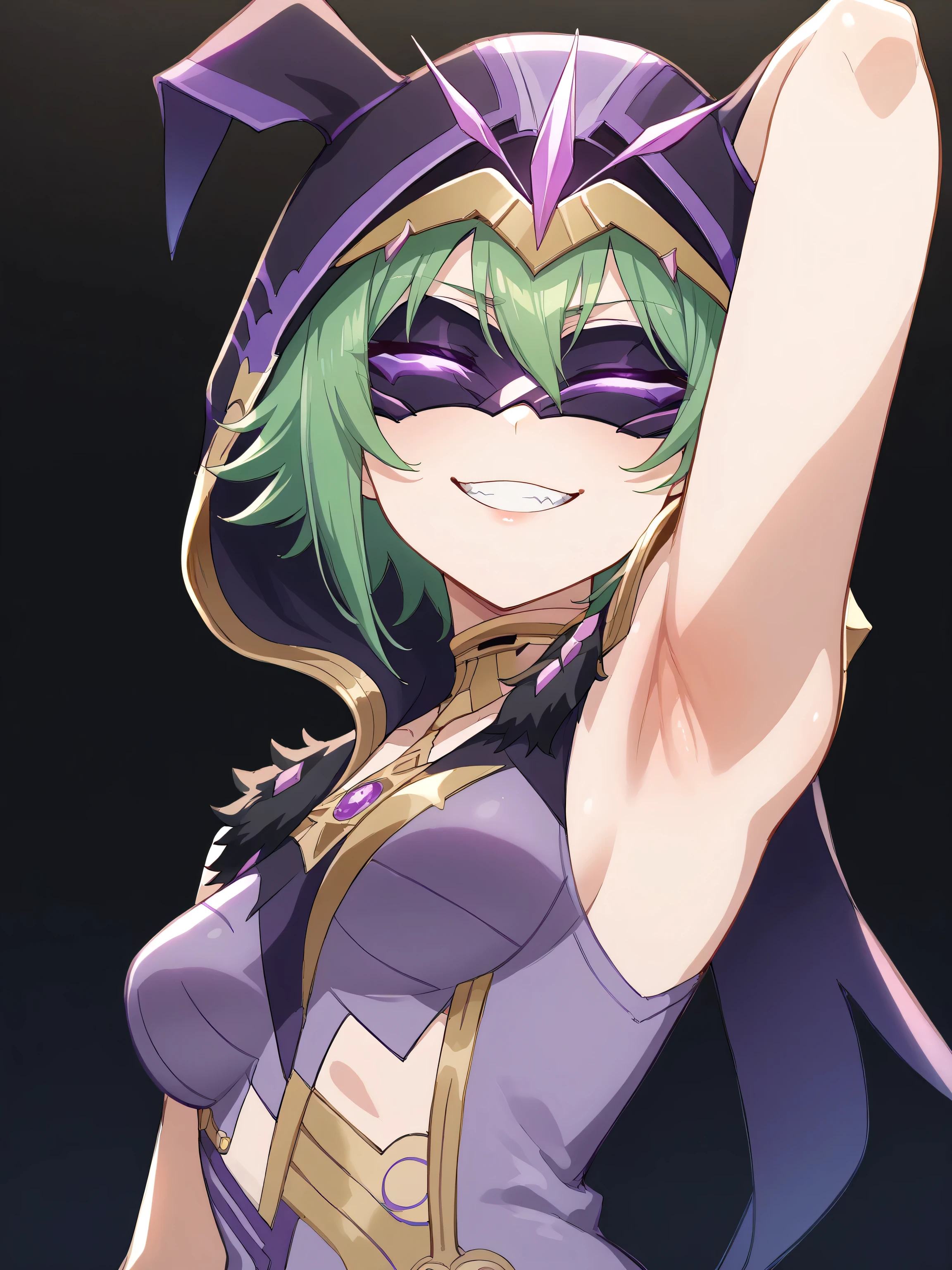 score_9, score_8_up, score_7_up, source_anime, anime screencap, 1girl, solo, electrocicin, green hair, short hair, eye mask, covered eyes, hood, hooded cloak, purple leotard, fur trim, bare shoulders, bare arms, arm behind head, armpit, head towards viewer, smile, smug, teeth, badhandv4, black background, medium breasts, from side, from below 
