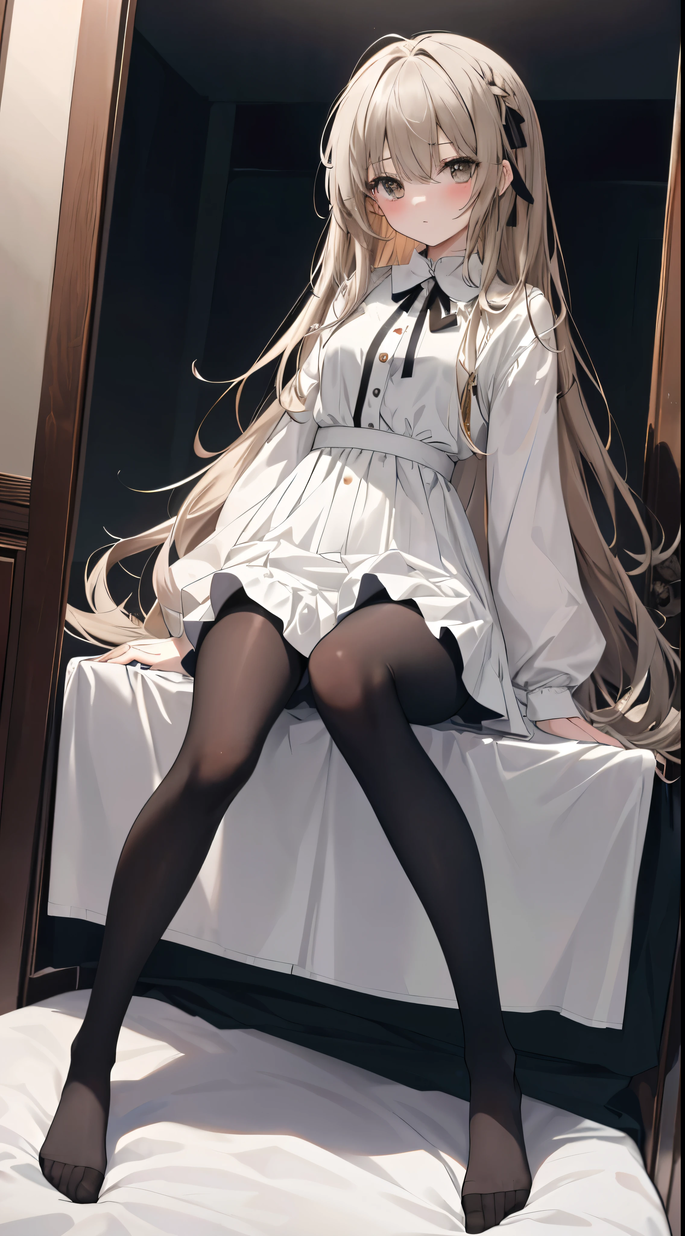 top-quality、Full body portrait、perfect anatomia、1 female、Full body from head to leg、small tits、Slim Faces、a small face、Beautiful and cute face、slim and slender legs、Small toes、Precise size and balance of upper and lower body、18year old、High school girl with mature body shape、A high school girl with long、M-shaped legs、The crotch is visible with the panchira、Composition from the front、Inner thigh-sitting、Sitting with legs open with bent knees、Lying on a white bed facing the front、brown haired、Longhaire、Panting face about to cry、red blush、embarrassed look、A slightly sad look、Wearing white panties inside black light pantyhose、No shoes、No shoes on、Black_Wearing white panties inside stockings、Wearing white panties inside black transparent stockings、Wearing white panties inside black stockings、Wearing white panties inside black pantyhose、Wearing white panties inside black lace pantyhose、Wearing white panties inside black lens stockings、Wearing white panties in black light pantyhose、Wearing white panties in black transparent pantyhose、No shoes、No shoes on、Pure white under black stockings_panties on、Panties are visible through a navy blue pleated skirt、Pure white bra、Underwear、Beige blazer uniform is half open、White blouse uniform is open、Beige Blazer Uniform、White blouses、A white bra is visible from the blouse、The crotch is visible through the navy blue pleated skirt、Japanese high school girl、Bedrooms、inside the house、during daytime、(small tits)