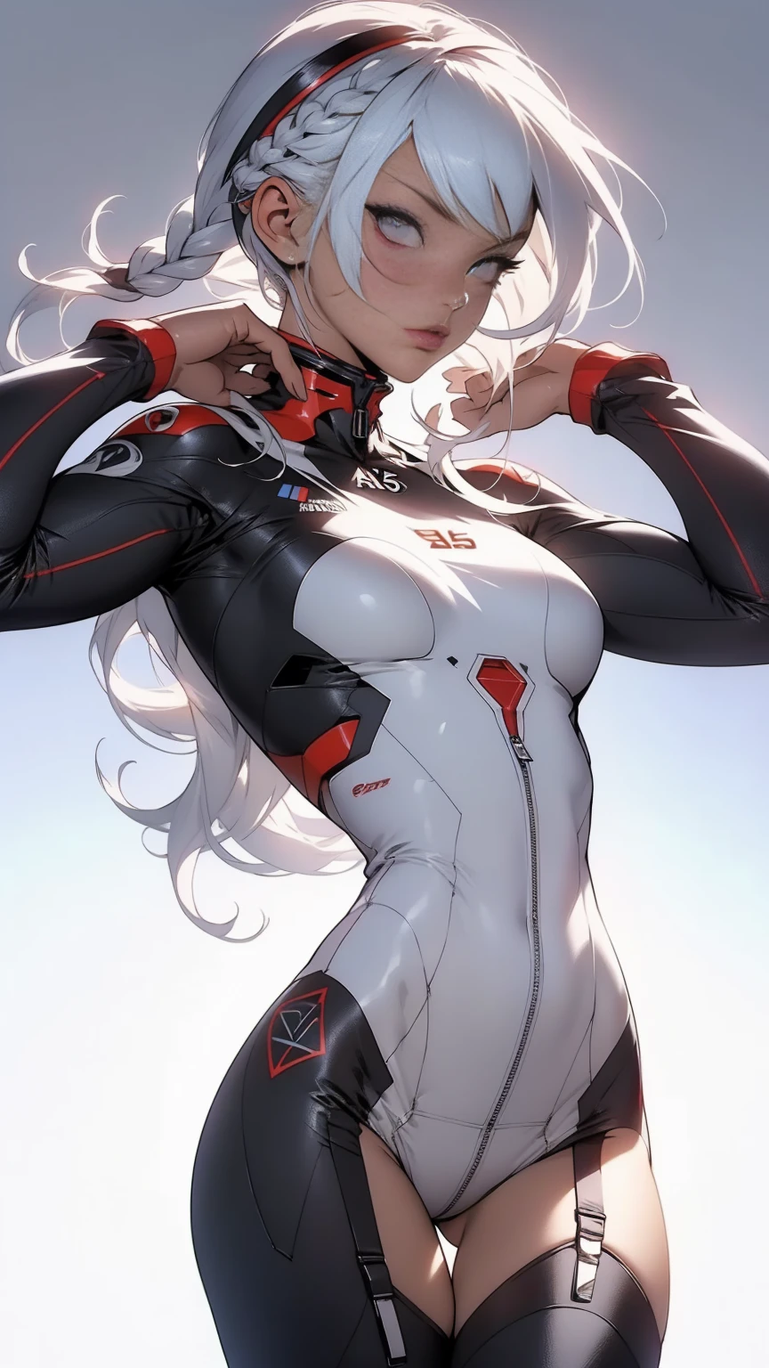 Female version of Spider-Man, Gwen, white ultra-thin tights, spider vector LOGO on chest, long blonde hair, cute