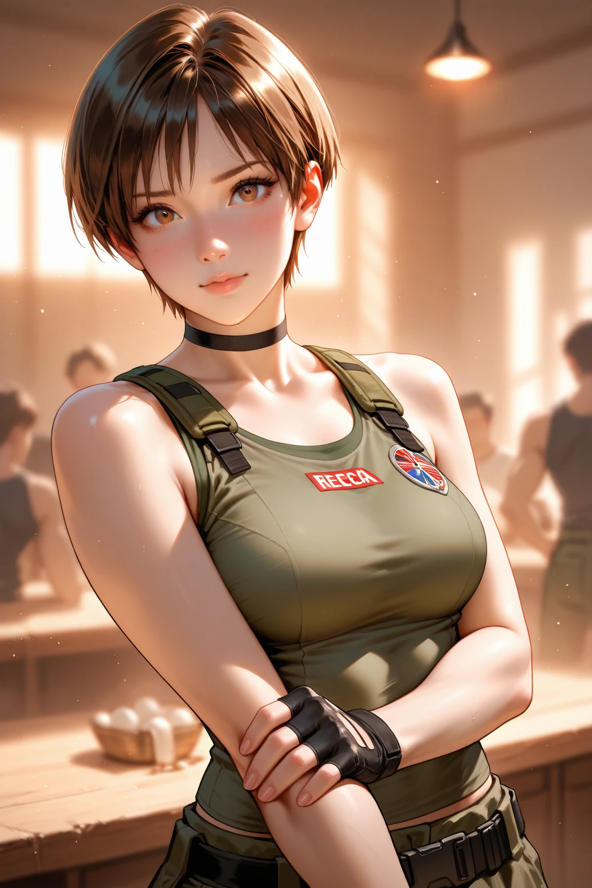 1girl, Zoto Valentine portrait, a smile, Tank tops, Shoulder holster, all-fours、Sweaty、covered in cum、Semen from the, Volumetric lighting, top-quality, ​masterpiece, intricate detailes, tonemapping, foco nítido, Hyper-detailing, Trending on ArtStation, realisitic,