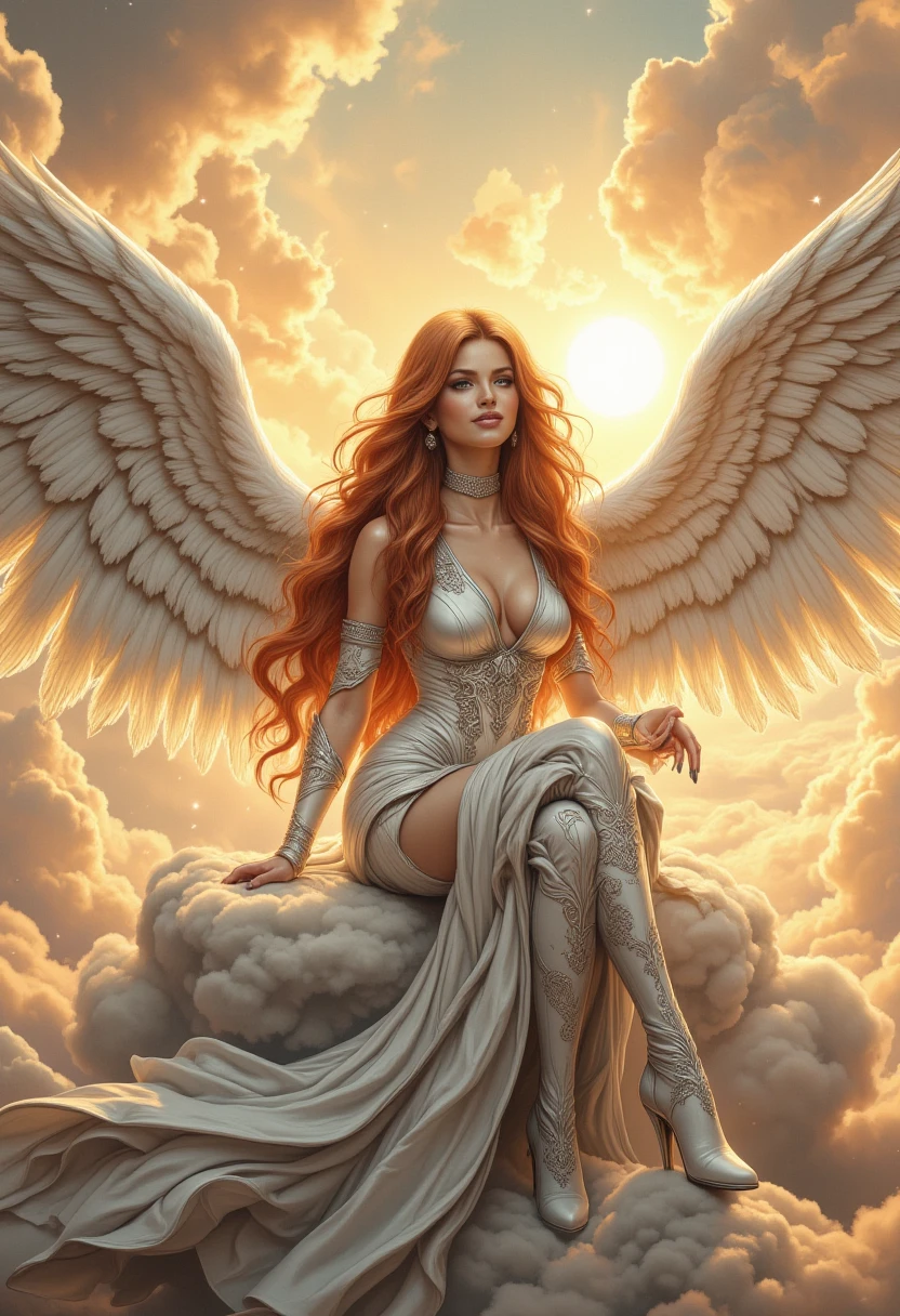 (best quality,8k:1.2,high resolution:1.2),ultra-detalhado,Realistic,vintage godess female,long red curly hair,rosto extremamente detalhados,long eyelashes,big angel wings,soft light white dress with gold details,cleavage,suntan pantyhose,metalic accessories,Physically-based rendering,sharp focus,white neutral background