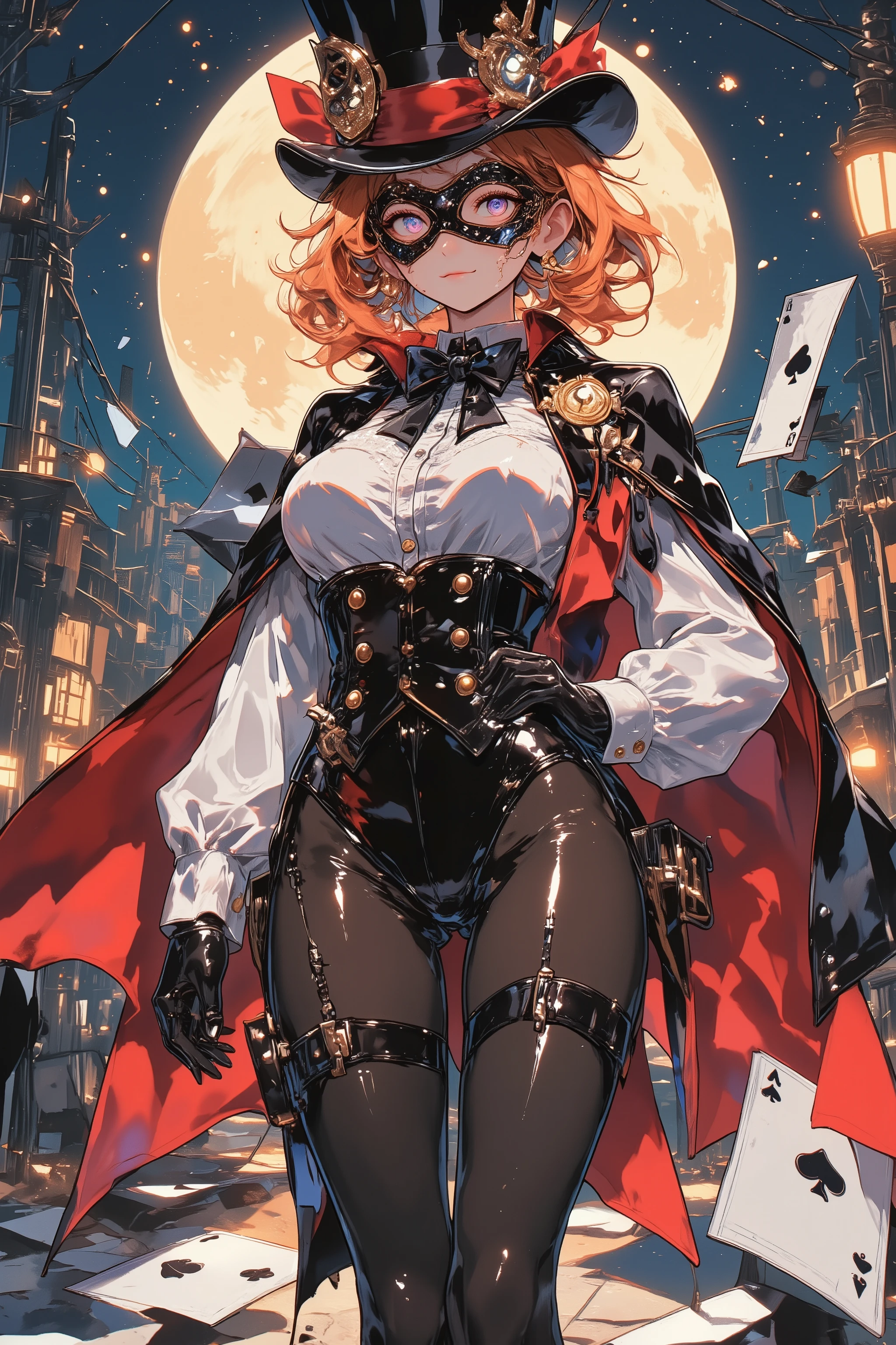 Young and beautiful woman:1.3,(masterpiece:1.3, top quality:1.3, detailed description:1.3, Correctly shaped fingers, The hand has five fingers, Anatomically correct, high quality:1.3, high quality anime painting, 2Dillust, ),(1girl\cute female phantom thief outfit, black top hat with red ribbon, top hat with large badge with cat motif, black and red Venetian mask covering eyes:1.3, tuxedo outfit, white frilled blouse, black tie, cat paw prints, black cape with red lining, black tights, black garter stockings, shiny black long boots),(orange short hair with outward curls, voluminous hair, beautiful hawk-colored eyes, almond-shaped eyes, very beautiful eyes, glossy long eyelashes, eyeliner, cute expression, Huge breasts pushing up blouse, beautiful and healthy legs, curvaceous body), whole body, (2D flat illustration, Standing on the roof of a building, full moon in the background, drawing of playing cards, giant playing card stuck in the floor)