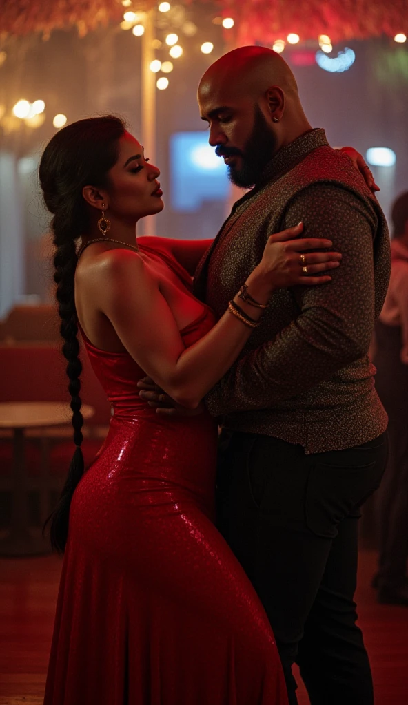 Sexy, stunning, girl lifting a man cradled in her strong arms. She is standing confidently in a night club wearing an elegant dress. The man is large and overweight. She is extremely strong.