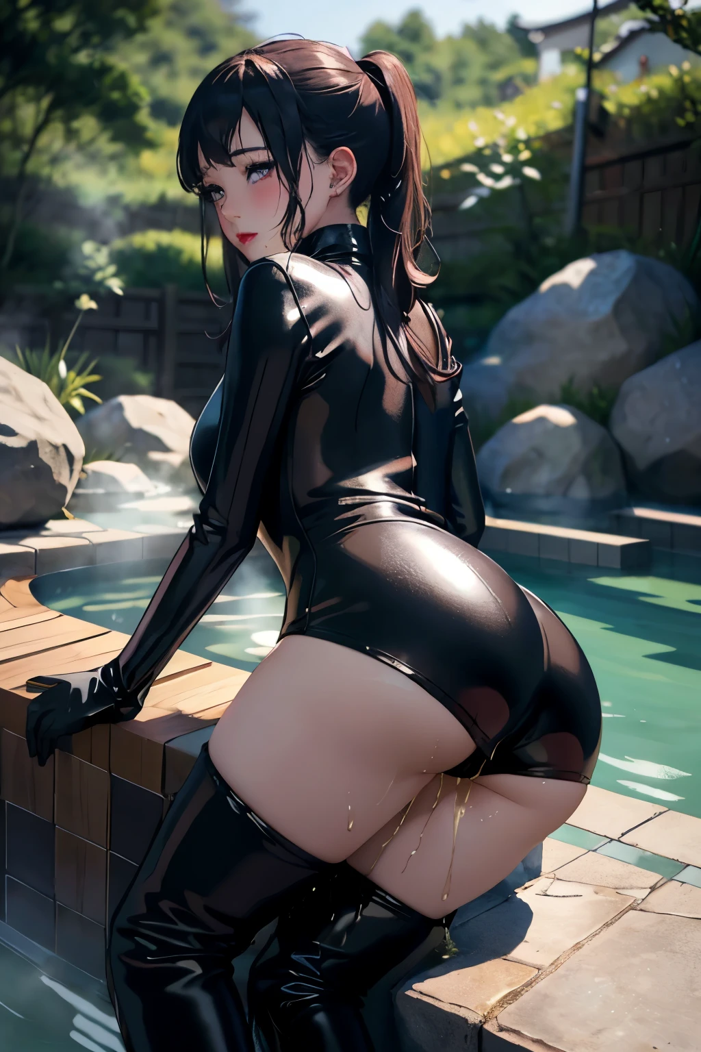 Super hero, using white latex/red and semi-transparent (fully body), medium breasts, defined butt, defined legs, sensual and provocative, looks seductive, in the middle of the city, anime styling, best qualityer, High definition, work of art