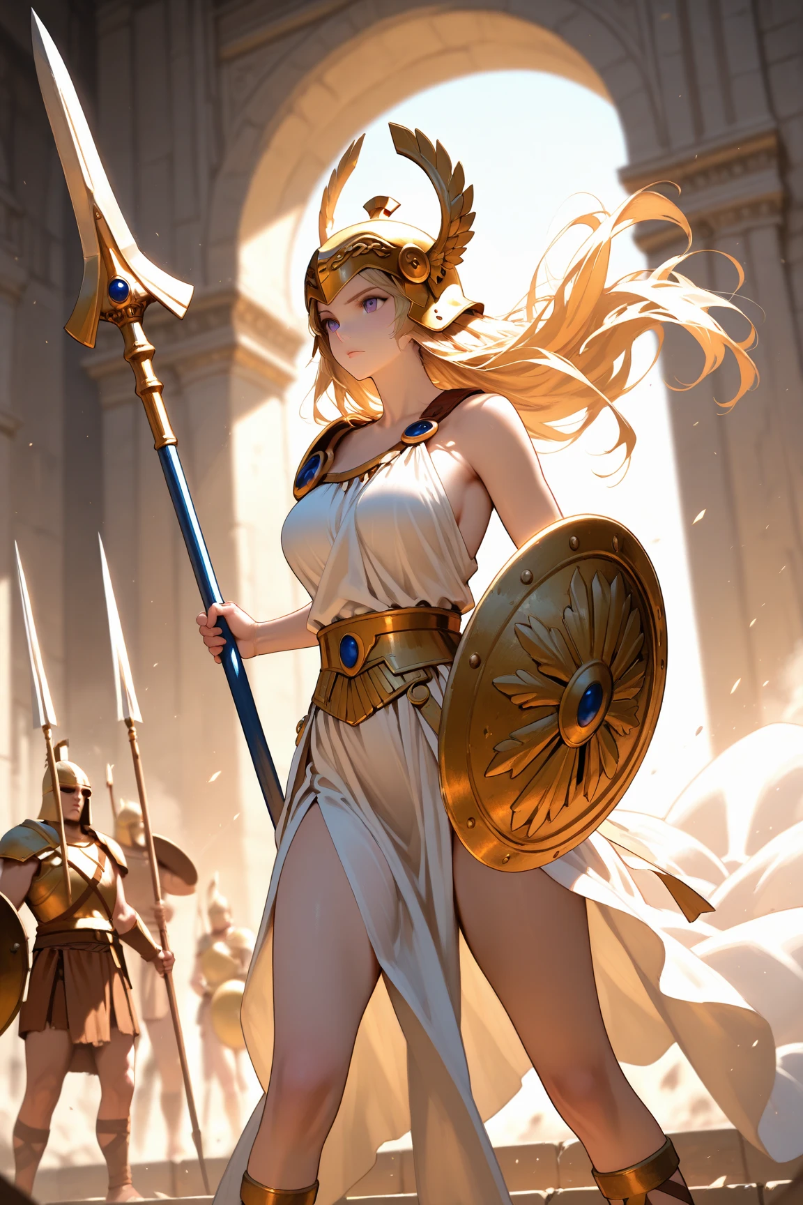 Close up of cartoon character holding shield and spear, Very big blue eyes、Hanging eyes、glares、Strong will、Beautie、(((((Bare legged、bare-legged)))))、naked legs、Clean Shank、Clean knees、Clean calves、Golden helmet with red feather decoration、Golden Breasted Armor、Gold shoulder rest、Right hand holding a large golden spear with the tip of the spear diagonally up、Octagonal shield、Gold shield with relief of Medusa with red eyes、white Pareo、brown colored long hair、 3D Goddess Minerva, God Athena, the goddess hera looking angry, golden goddess athena, venus godness athena,