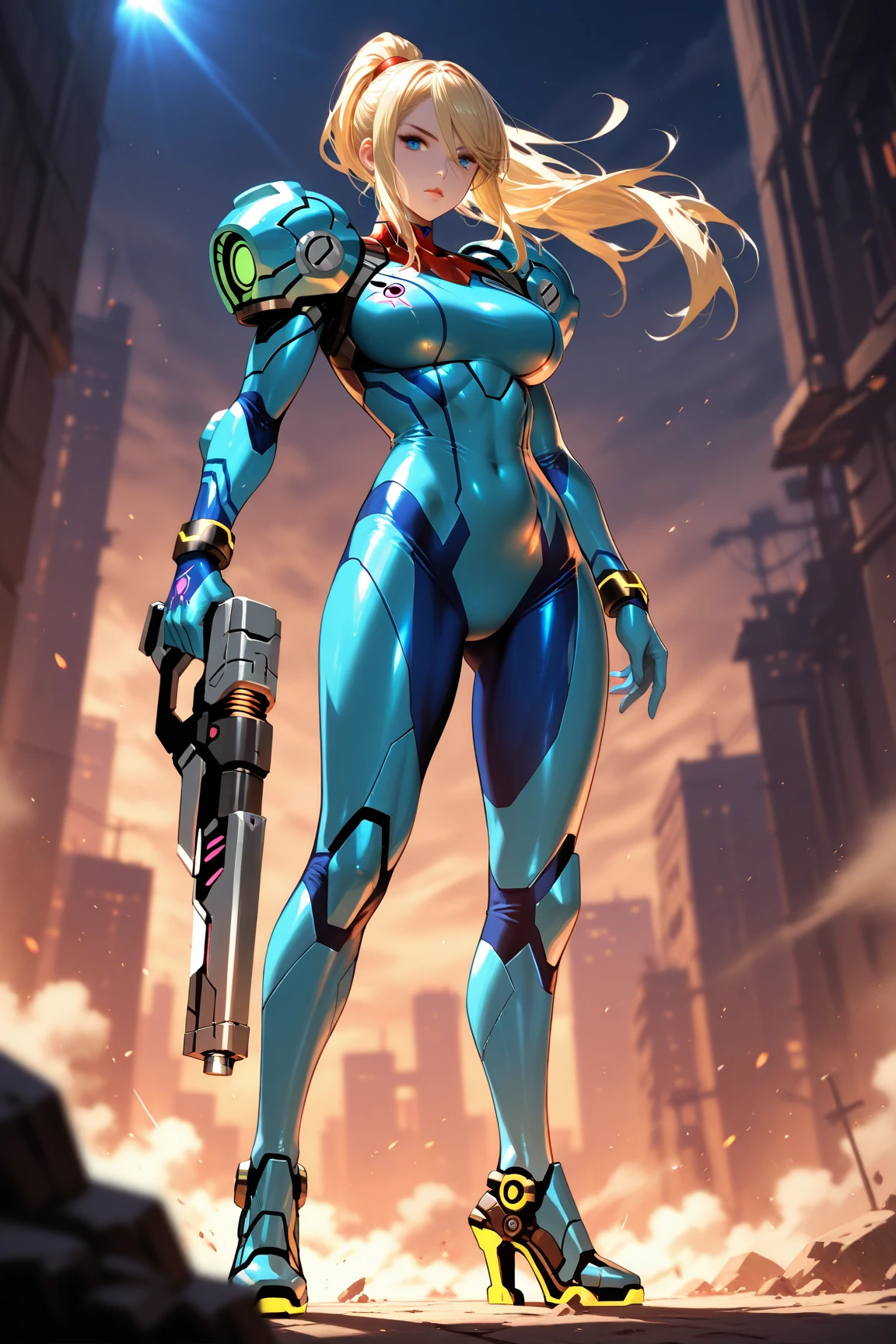 An Extremely Photorealistic Full Body View Of Gorgeous Zero-Suit Samus From The Game Super Smash Brothers With Awesome Multicolored Dark Hair, Her Zero-Suit Is Dark Grey And She Is Holding An Oversized Futuristic Sniper Rifle While Posing On The Beach At Night Under The Neon Moonlight, PhotoRealistic Background, fantastical, ethereal, atmospheric, DOF, vibrant lighting, hyper-realism, best quality, highly detailed,  resolution, 8k, DSLR, HDR, UHD, Fujifilm X3.