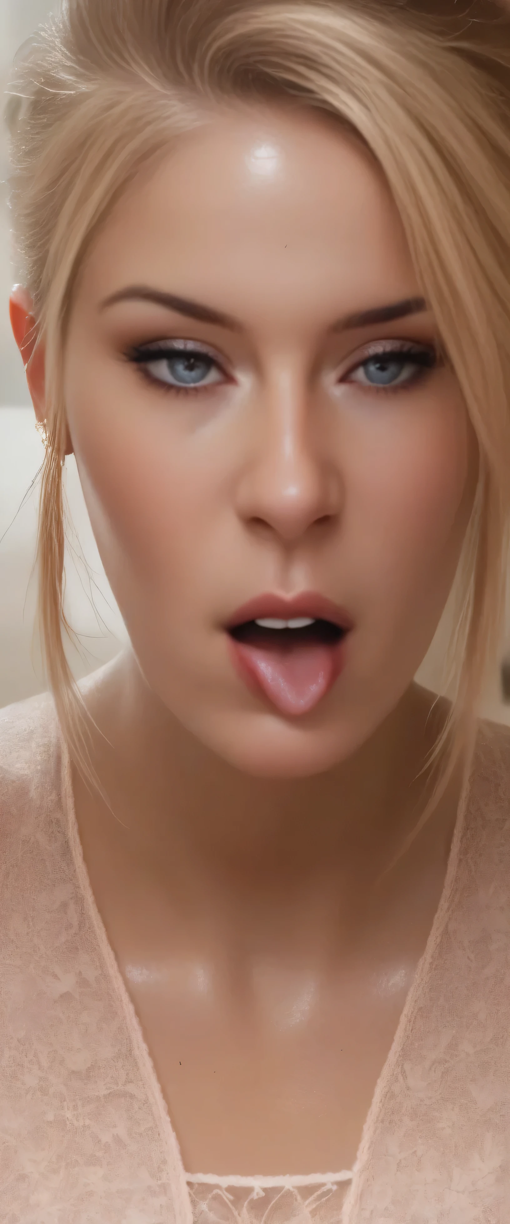 Hot Scarlett Johansson, sexy , sexy, ((Masterpiece, best quality)), detailed skin, highly detailed, cinematic lighting, ultra realistic, blush, looking at viewer, with blonde hair. Her hair is elegantly styled, falling softly to chin length, portrait, , big breasts, cleavage, malicious smile, full body view, ass, sexy , kneeling, , cum, cum, licking penis