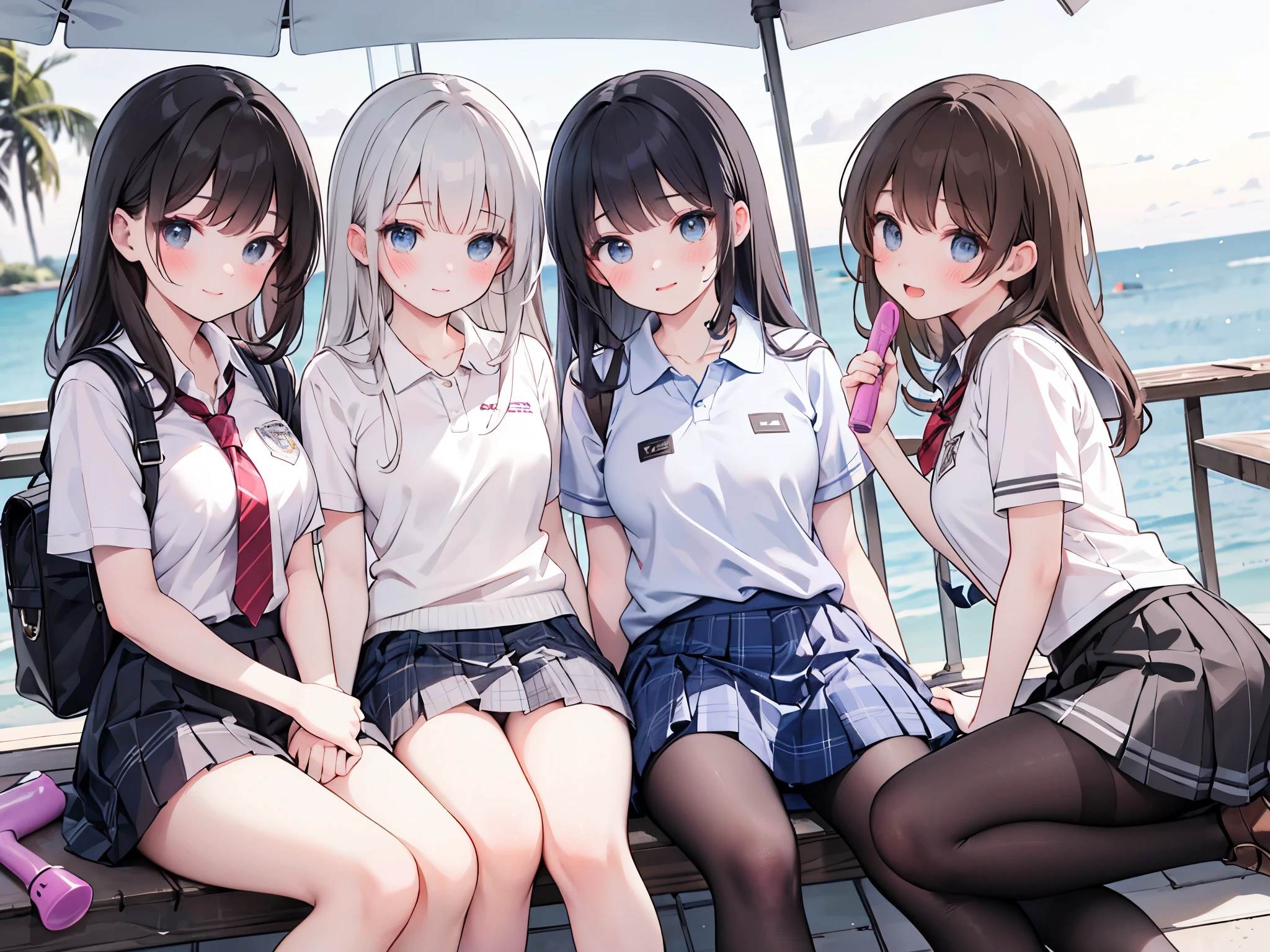 long hair, looking at viewer, blush, smile, bangs, blue eyes, multiple girls, skirt, brown hair, shirt, black hair, short sleeves, brown eyes,  long hair, sitting in sunset beach , white polo shirt, pleated skirt, outdoors, open clothes, shoes, day,  black pantyhose, striped, collared shirt, hand up, (3girls:1.4), Bag , plaid,  black knee-high socks, nose blush, plaid skirt, brown footwear, flying sweatdrops, loafers, grey skirt, school Bag , Diagonal stripes, dildo in pussy、 no panties、Open your legs、 exposes chest、 Bare Breasts、 pull out the nipple、( sexual climax ):1.2,  nose brush ,  open your mouth