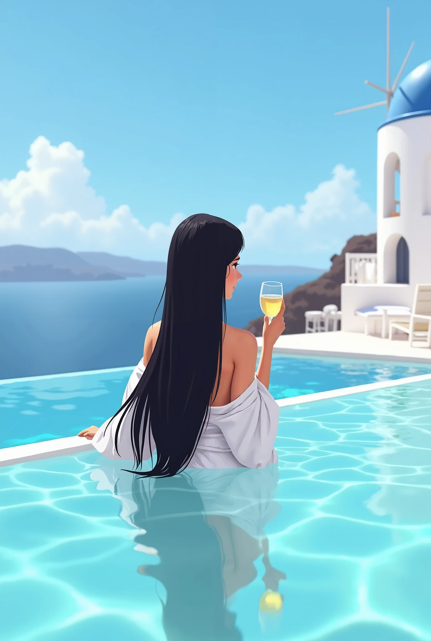 Japanese anime style,woman,Luxury Cruise Ship,Lying in a chair on the deck,Living elegantly,Champagne in hand,sunglasses,Japanese Style,アニメのwoman,The ship is luxurious