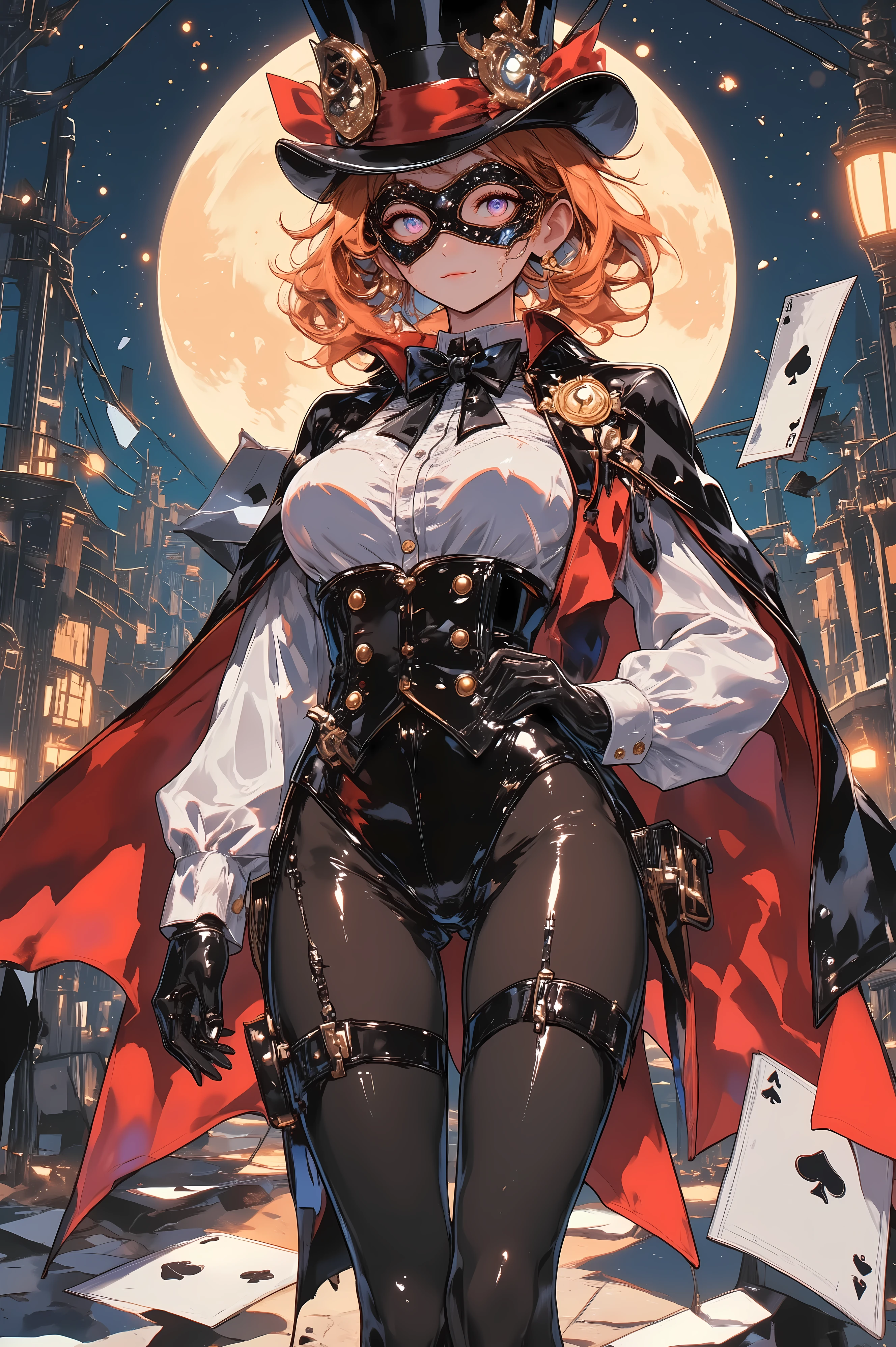 Young and beautiful woman:1.3,(masterpiece:1.3, top quality:1.3, detailed description:1.3, Correctly shaped fingers, The hand has five fingers, Anatomically correct, high quality:1.3, high quality anime painting, 2Dillust, ),(1girl\cute female phantom thief outfit, black top hat with red ribbon, top hat with large badge with cat motif, black and red Venetian mask covering eyes:1.3, tuxedo outfit, white frilled blouse, black tie, cat paw prints, black cape with red lining, black tights, black garter stockings, shiny black long boots),(orange short hair with outward curls, voluminous hair, beautiful hawk-colored eyes, almond-shaped eyes, very beautiful eyes, glossy long eyelashes, eyeliner, cute expression, Huge breasts pushing up blouse, beautiful and healthy legs, curvaceous body), whole body, (2D flat illustration, Standing on the roof of a building, full moon in the background, drawing of playing cards, giant playing card stuck in the floor)