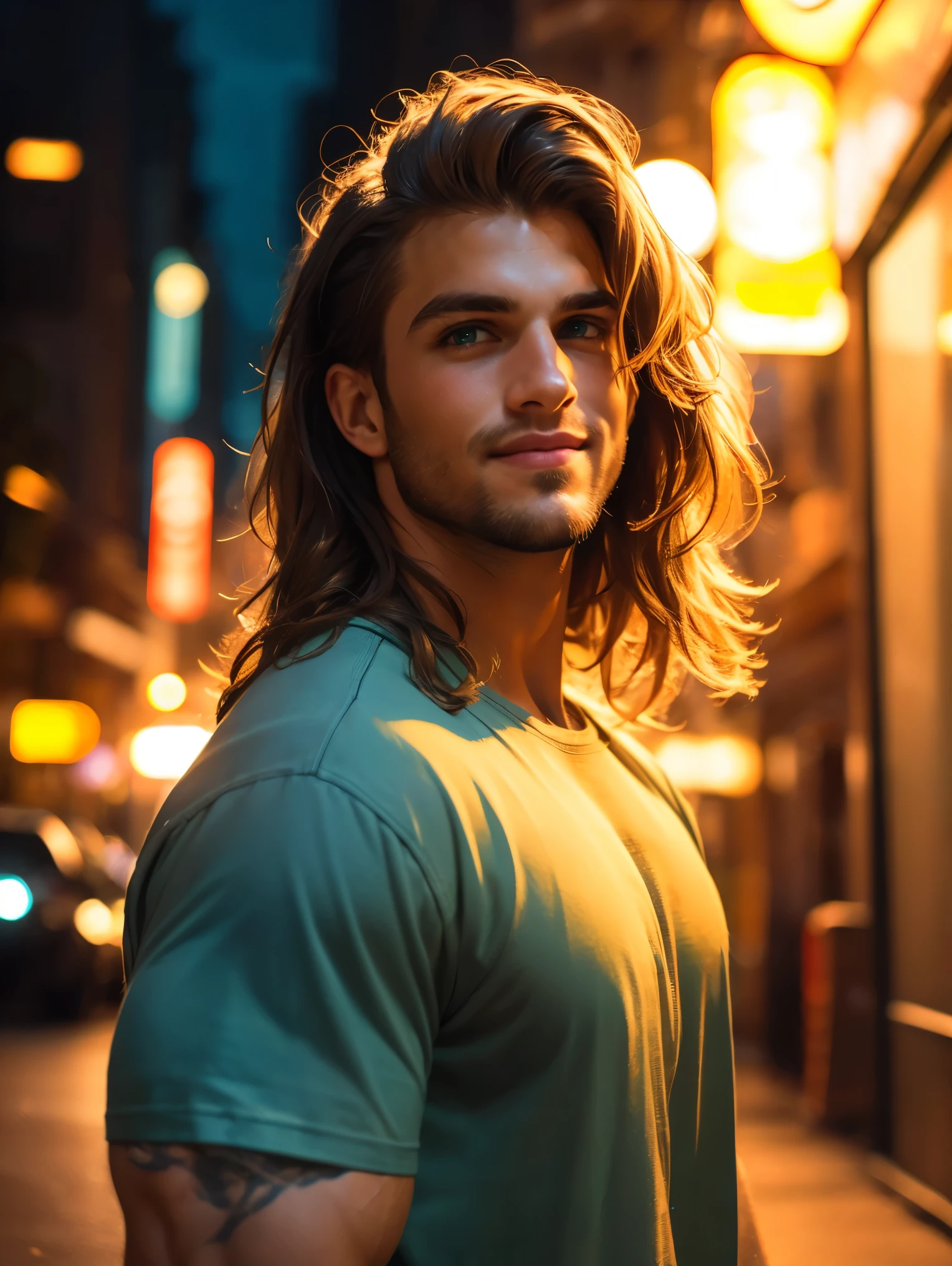 realistic, masterpiece, best quality, cinematic, dynamic lighting, soft shadow, highest detail, professional photography, detailed background, depth of field, insane details, intricate, aesthetic, detailed face, subsurface scattering, realistic hair, realistic eyes, 1man, 35 years old, bodybuilder, very muscular, Portrait photo of a handsome man wearing a plaid flannel shirt, white t-shirt, jeans, long brown hair, green eyes, dark brown skin, smile, (neon lights), sharp focus, futuristic city street, soft lighting, vibrant colors, facing camera, vibrant colors,
