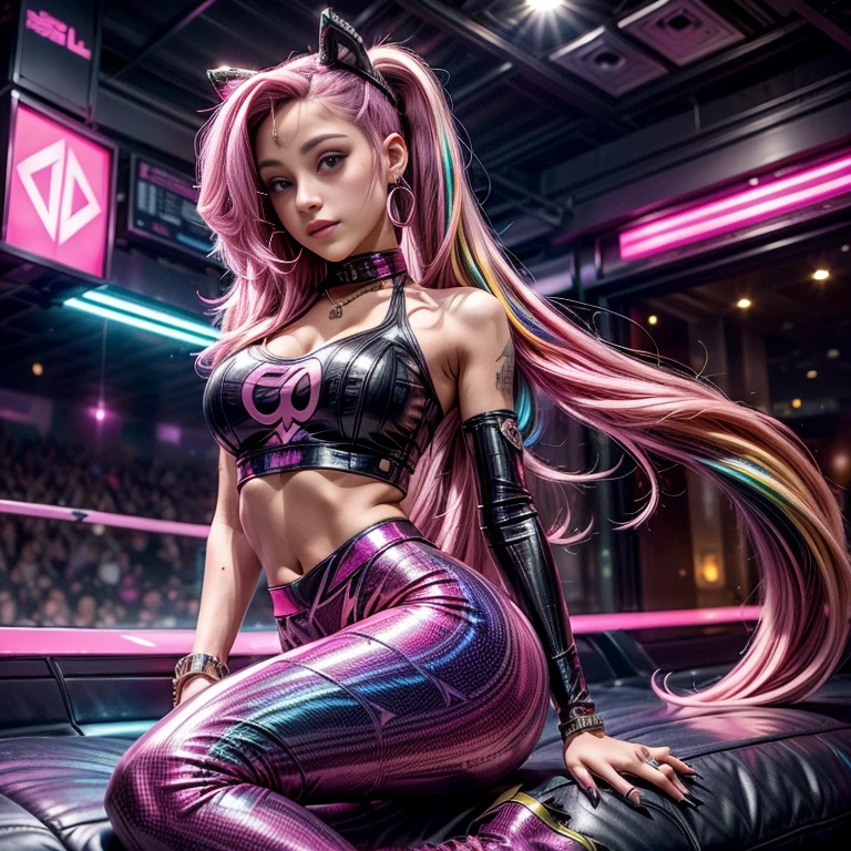 top quality picture, 8K, (photorrealistic), (((Draw a realistic, high resolution portrait of a woman with long hair)))(Make sure she is in a half-length pose and has a charming blush on her cheeks)(Create an image featuring a character with neon pink hair)(neon blue eyes)(The character must have vibrant, neon pink hair that stands out) (Your eyes should be a striking shade of neon blue., adding a captivating visual element) (Make sure these two characteristics are prominent in the overall composition) (Explore creativity by incorporating additional elements that complement the neon color palette) wearing cat ear headphones, ssmile, facing the camera