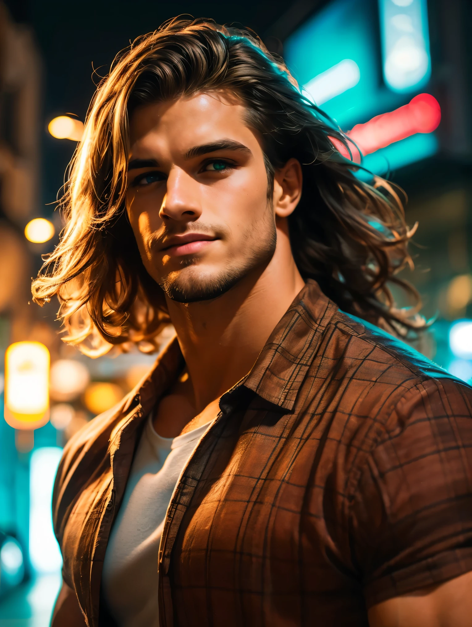 realistic, masterpiece, best quality, cinematic, dynamic lighting, soft shadow, highest detail, professional photography, detailed background, depth of field, insane details, intricate, aesthetic, detailed face, subsurface scattering, realistic hair, realistic eyes, 1man, 35 years old, bodybuilder, very muscular, Portrait photo of a handsome man wearing a plaid flannel shirt, white t-shirt, jeans, long brown hair, green eyes, dark brown skin, smile, (neon lights), sharp focus, futuristic city street, soft lighting, vibrant colors, facing camera, vibrant colors,