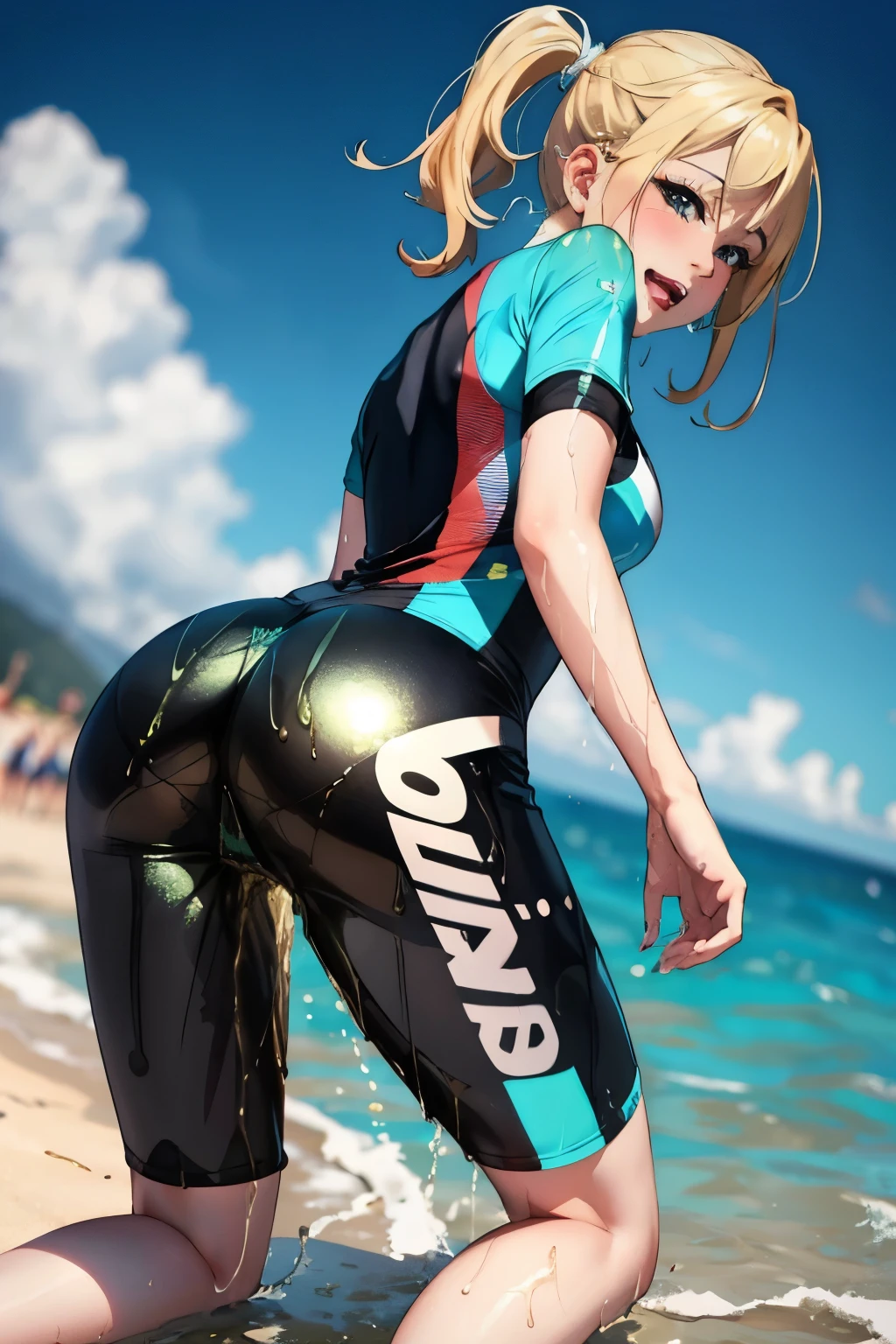 racing suit,sandbeach,(Inspired by the Avengers),ponytailbraid,One-piece unisex trousers,machine girl,Security level,huge butt,(8K,photo RAW,Fotorrealista:1,25),(Excessive lip gloss,Lots of eyelashes,Best qualities,The ultra-great resolution,deep of field,color difference,Wide light,Natural colors,Distant pictures(1:2)