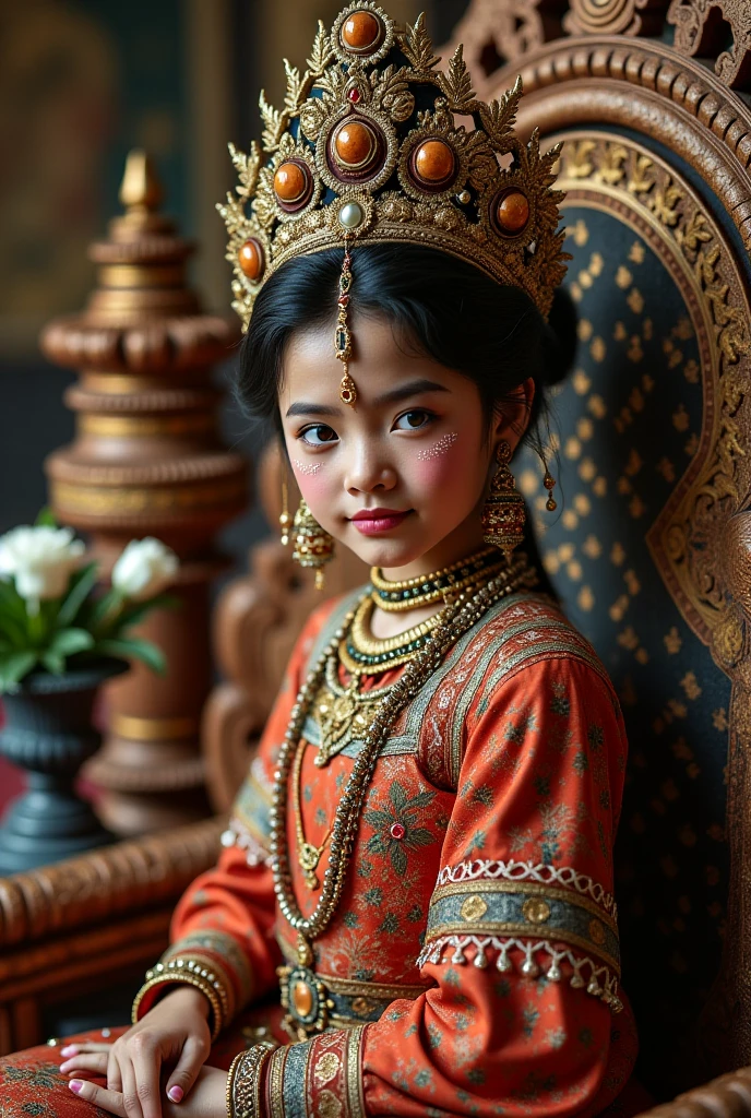 10 year old minino, sitting in the king's chair with Himalayan people's dress, ancient, super realistic, dark background, rich colors hyper realistic texture dramatic lighting unreal engine trend on artstation cinestill 800, 8k