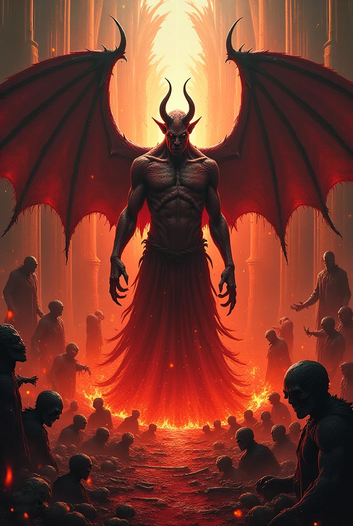 apocalyptic scene, The devil laughs from the earth at night, The moon is burning, Angels lie on the ground, Trees are burning, People scream.