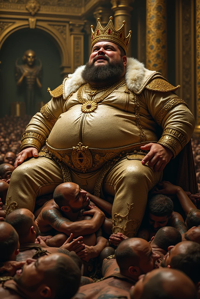 Hyperrealistic image of an African man imperial king steampunk stripper dancer with a huge gold crown and jewels on his head., superhero with grey afro hair and very long hair, very old and very sweaty bodybuilder over 80 years old..very muscular and fat, He weighs more than 200 kilos with a naked torso., large and flaccid pectorals, Brown nipples and big grey mustaches standing in the middle of a stage with a Victorian red velvet curtain in the background and lots of brass candelabras around and velvet skirt with gold embroidery and jewels