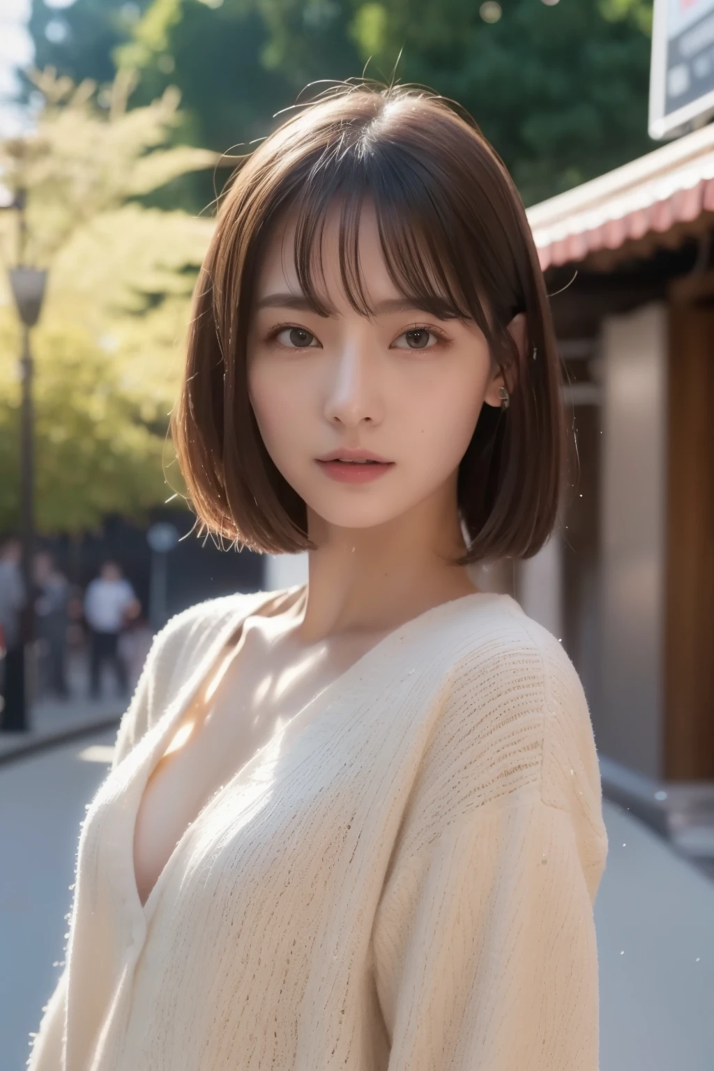 1 girl, bangs, black hair, red eyes, Black kimono fashion,bob cut,short hair, cleavage, clavicle, A kimono with a wide open collar, Japanese, Japanese style,forest,mature woman,shiny skin,rain,water droplets, 