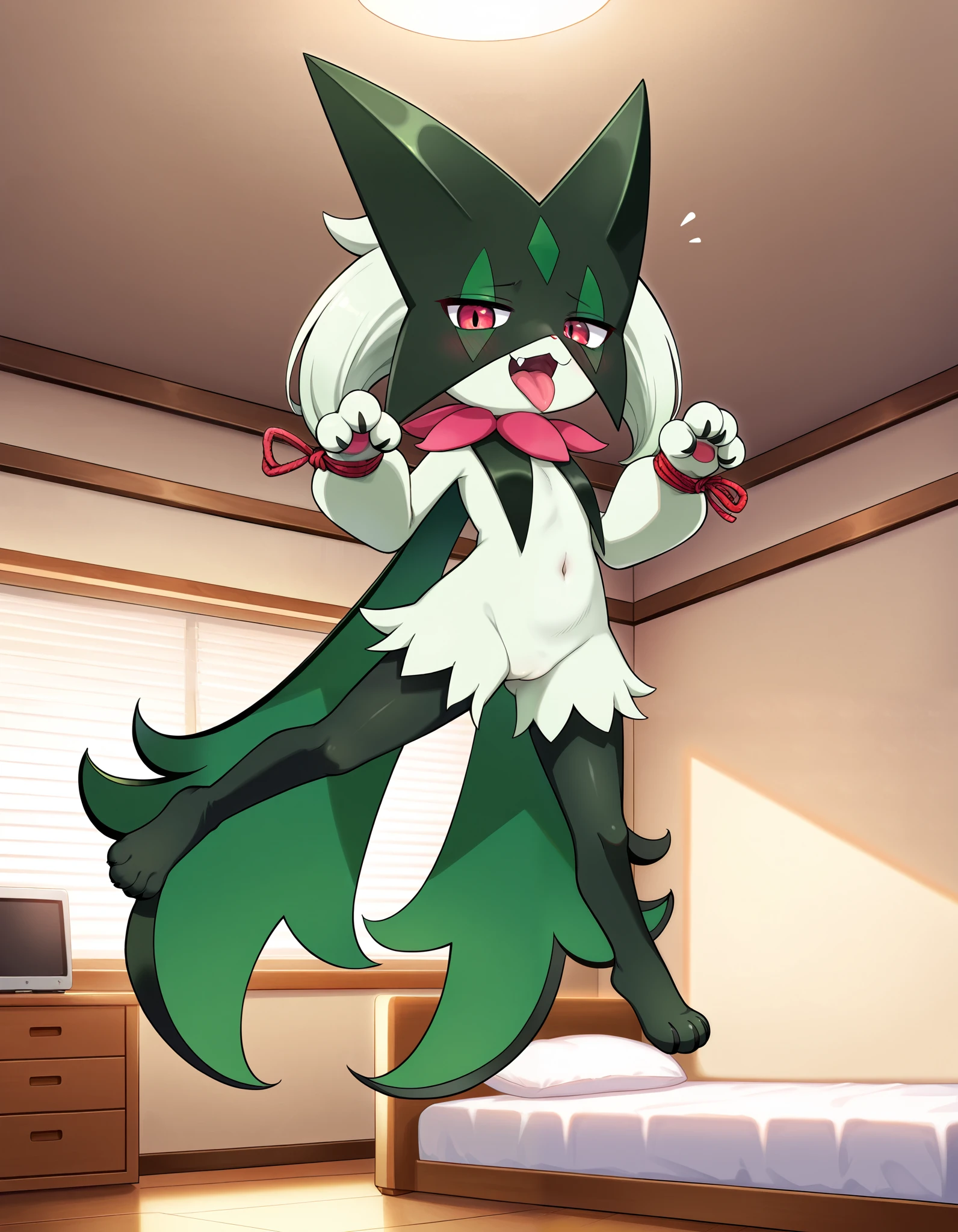 Score_9, Score_8_up, Score_7_up, rating_safe, best quality, masterpiece, BREAK meowscarada, alone, 1 Pokémon, looking at viewer, mouth open, tongue out, pokemon (creature), red eyes, teeth, top teeth only, white skin, sight full body, small pussy, thin legs, , bondage, suspension, body suspended in the air, hands tied, legs tied, hands raised, legs spread, room,