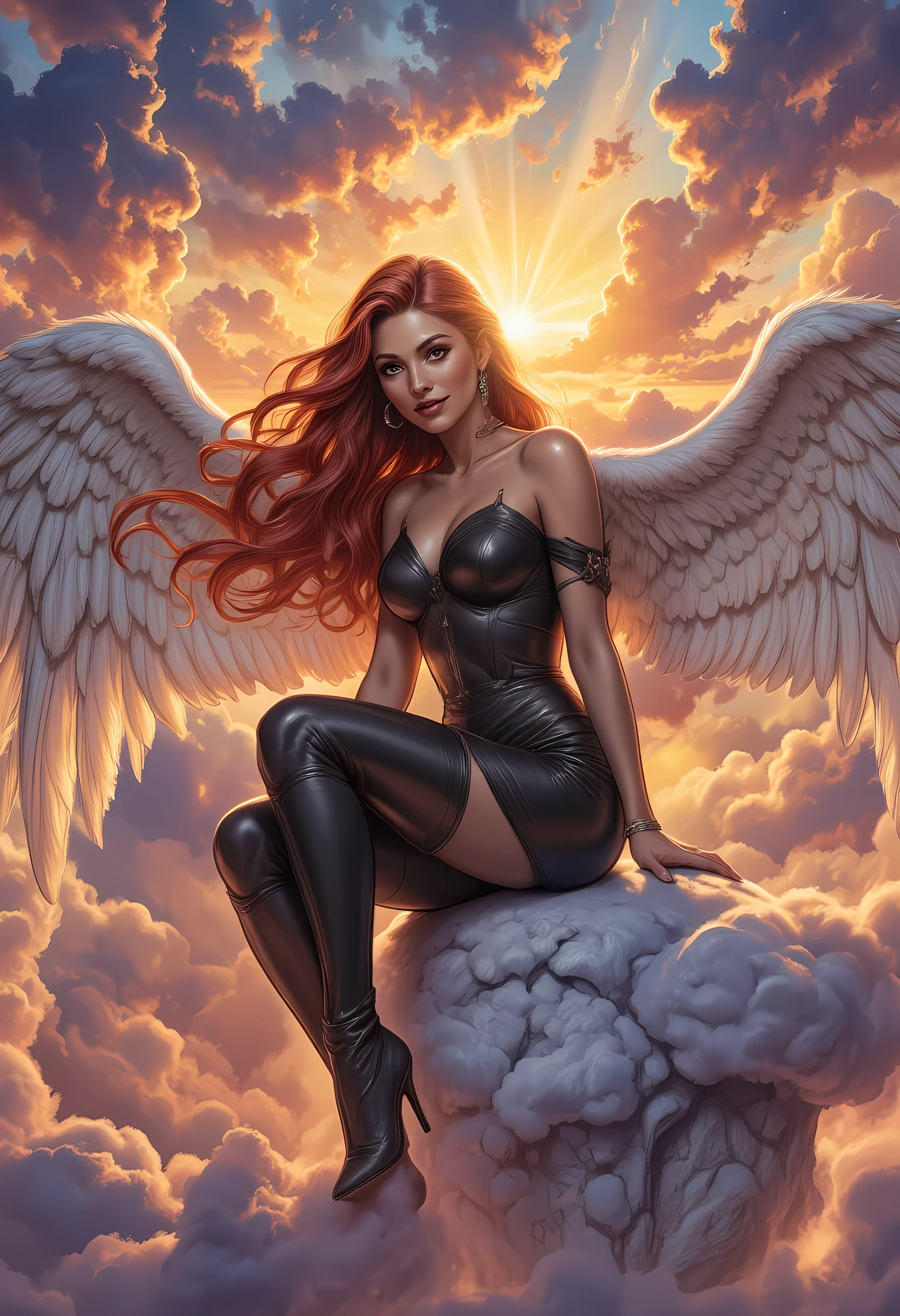 anime comic art, there is a beautiful female angel, smiling angel, red hair, long hair, flowing hair, she wears a black leather dress, black stiletto high heeled boots, with a wide smile as she is sitting on top of of a cloud in the sky, the sun is rising, divine rays, bright sky, best anatomy, high details, best quality, 16k, [ultra detailed], masterpiece, best quality, (extremely detailed), close up, ultra wide shot, photorealistic, RAW, fantasy art, dnd art, fantasy art, realistic art,((best quality)), ((masterpiece)), (detailed), perfect face, hyp3rd3tail style, Celestial Fantasy