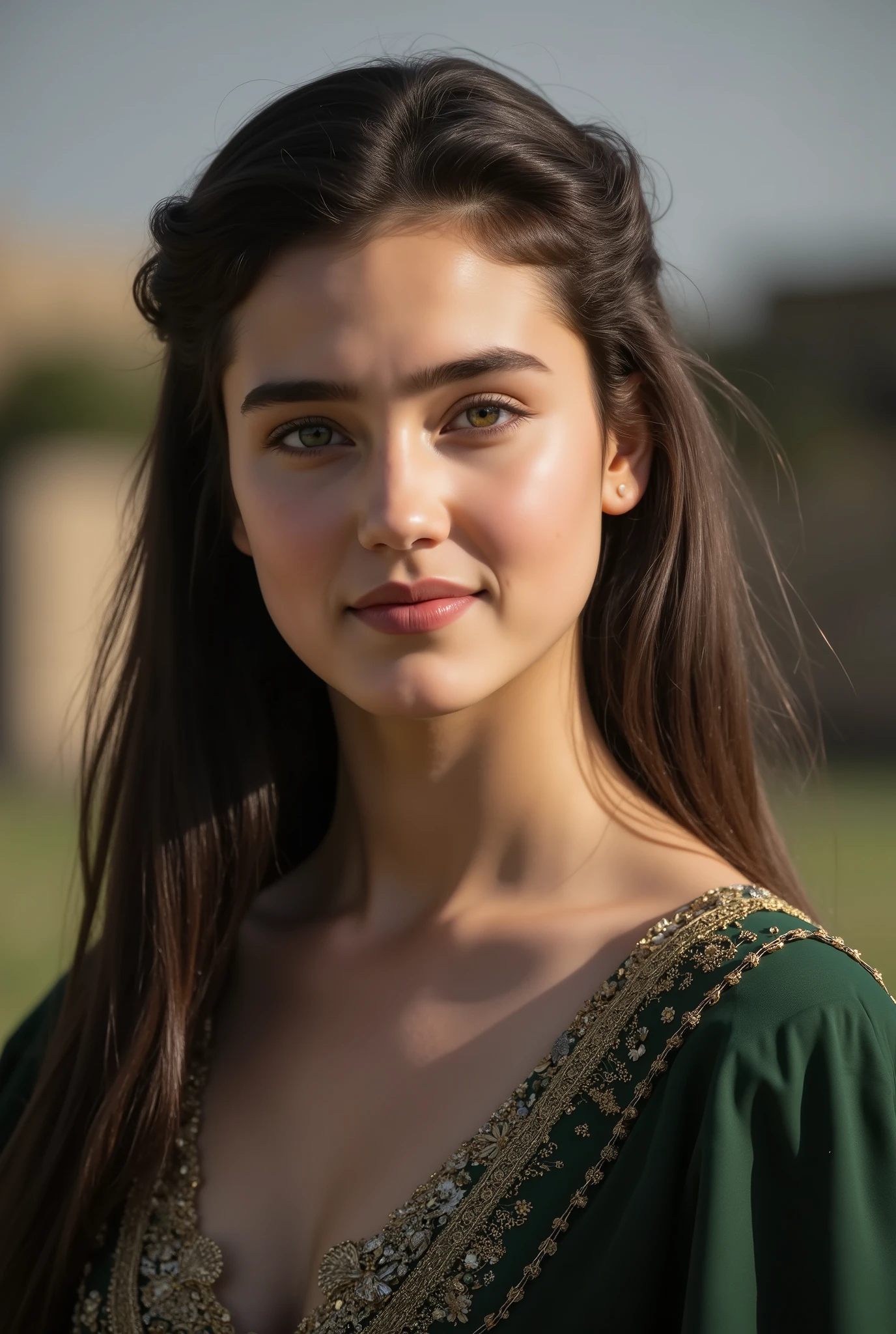 (masterpiece, best quality:1.5), 
1girl, Alone,
bust shot, from the front view, she is looking up straight toward viewer.,
strong natural light is illuminating direct on her face., 
she is in bright outdoor.,
She is tightly narrowing her eyes with against the glare of the sun.,
she is a Game of thrones baratheon lady., 
she wears Gold and dark green outfit.,
Jennifer Connelly when she ., 
the whiteness of her skin is accentuated.,
no make up, no eye makes, no lipsticks,
plump soft cheeks, light green color eyes, long eye liner,
scooped nose arched high with a turned-up tip,
her glossy silky long dark staight hair is cascading.,
She cutely smiles covering her cheeks in embarrassment.,Game of thrones universe 

