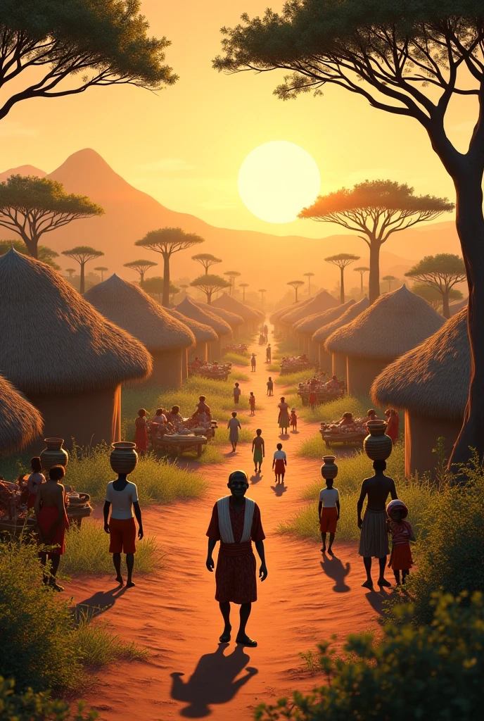 A watercolor painting shows vibrant African villagers engaging in community activities and valuing their cultural heritage against a backdrop of rolling hills, baobab trees and a radiant sunset --auto --s2