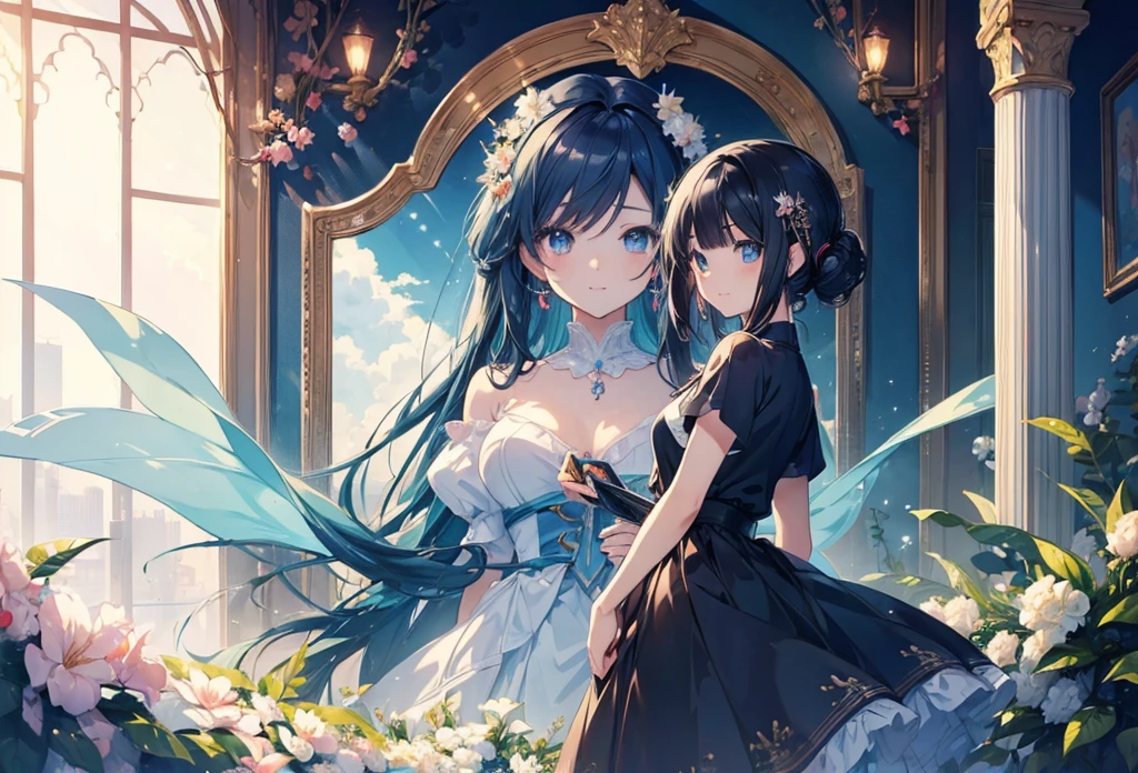Cutting board、Blue ruffled dress、Black Hair、horse ear、Drill Hair、Raise your hands、evening、Masterpiece。