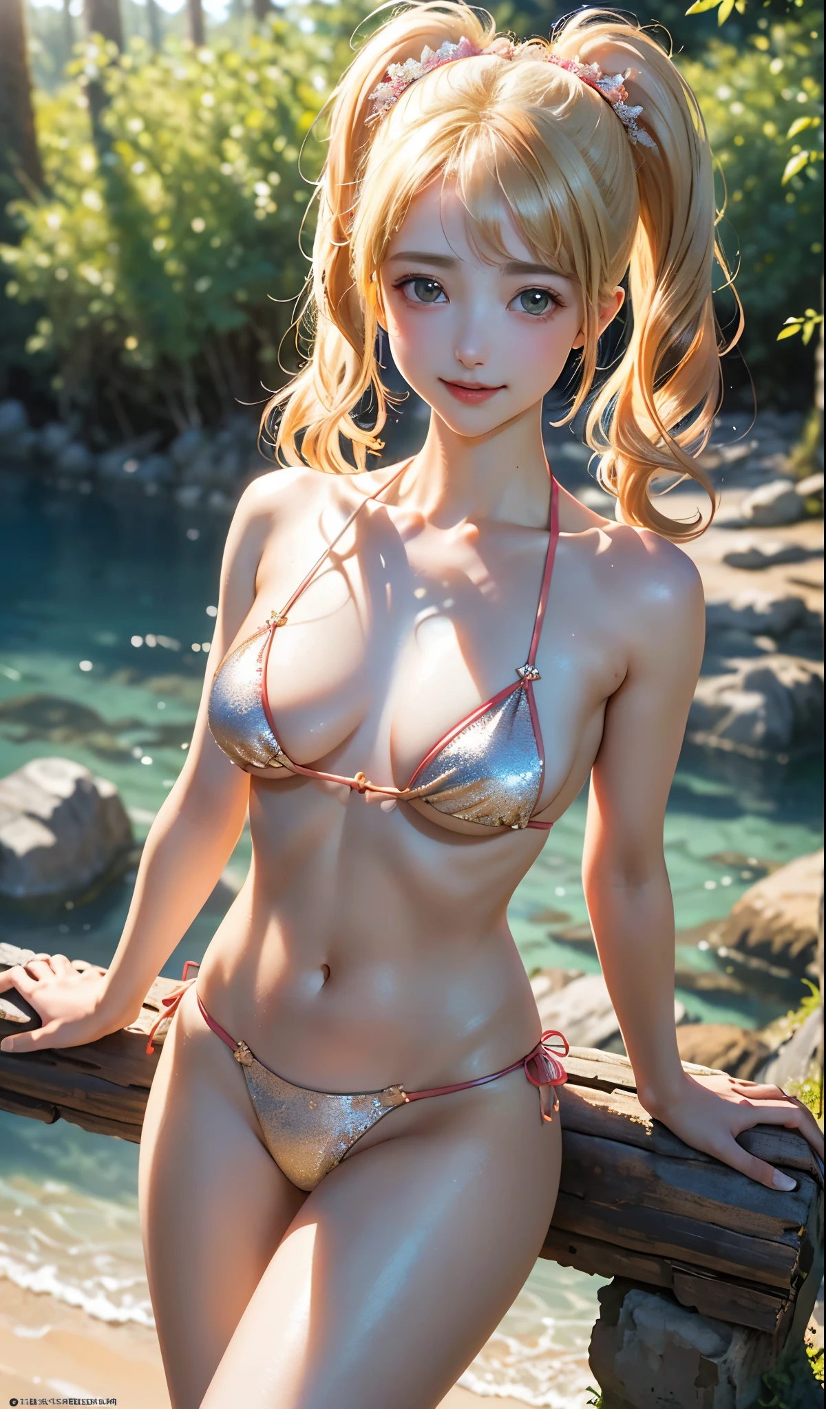 8K quality、High definition、Particles of light（0.5）、High definitionの瞳、Model Body Type、、slender、Bikini Swimwear、Pink Paleo、Up ponytail、tall、Sexy pose、Blonde Bob Cut、Frolic at the seaside