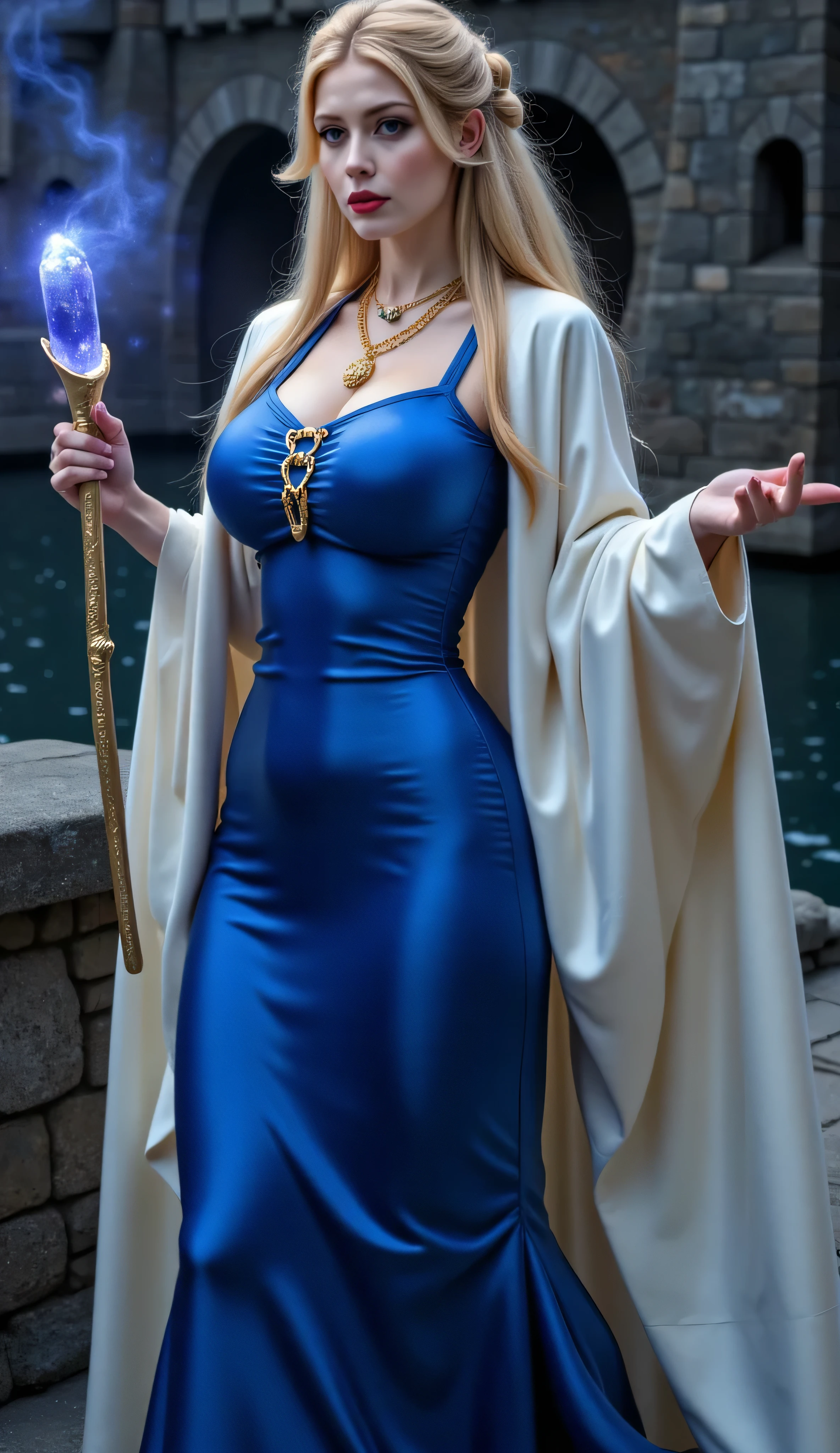 ((best quality, masterpiece, score_9, score_8_up, realistic photograph, life-like realism, fluxbodybuilder)), beautiful 19 year old girl, sultry female, ((blonde long hair updo, side view, skinny girl with oversized breasts)), light brown highlights, windy, (photo of a magical sorceress, oversized breasts, narrow hips, head tilted, ((long blue sleeveless silk dress, erotic cutout showing abdominal muscles, blue white silk cape, she's holding a magical staff with a large sapphire crystal on the tip, three gold chain necklaces, (((life-like photo, European girl, bright red lips, blackout eyeshadow goth, dark suntan)))))), arrogant, concentrating, she has arcane tattoos on her face around her eyes, she has her arms out casting a powerful magical spell, background medieval stone bridge over a sparkling bokeh river, smug look of superiority, night, dark, dim lighting, overexposed