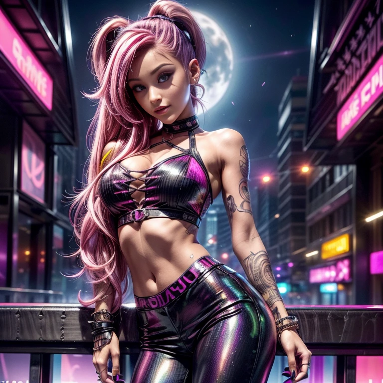Masterpiece, high quality, high resolution, cyberpunk pool party, party dj, club, neon lights, ultra detailed face, ultra detailed body, pores body, tribal tattoos, solo, girl (small breasts, wet, cyberpunk swimwear), curvy body, makeup, eyeliner, expression of pleasure, magenta hair, tanned skin, tanned, pink glowing eyes, red cheeks, hold cyber guns,