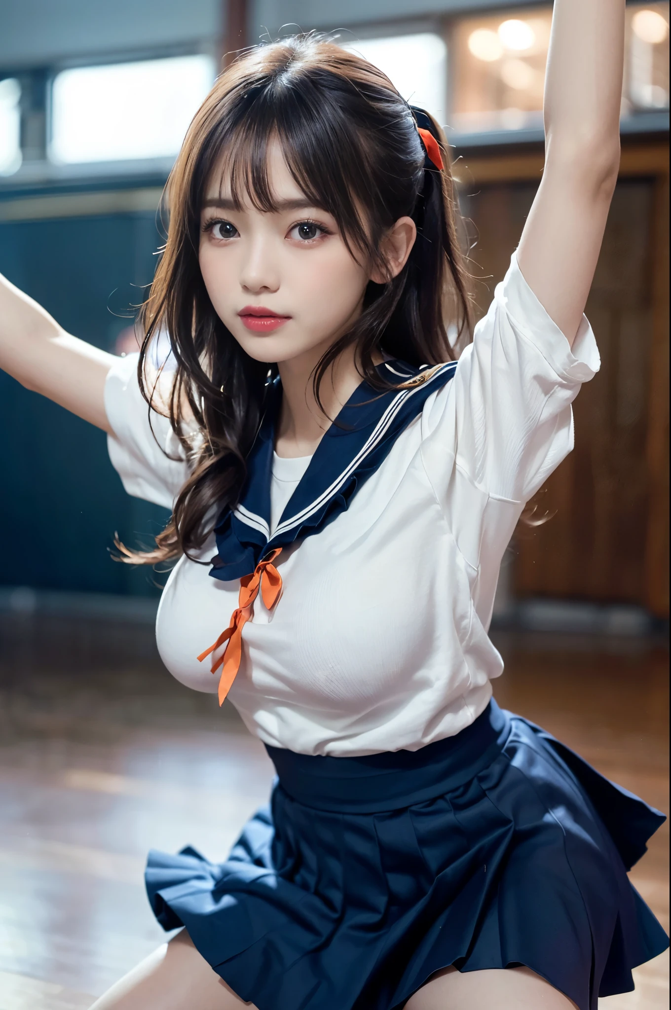 mix4, (16 K, Raw photography, Top image quality, masterpiece: 1.45), (realisitic, Photorealsitic: 1.37), one girls, 7.5, etc、No skin exposure due to clothing、Well groomed、Random hairstyle、Standing figure,Daylight hours、a very cute,, profetional lighting, photon maping、physically-based renderingt, Gradient dark brown hair,Crisp backgrounds and high resolution, a handsome, Well-groomed and beautiful eyes、Large double eyelids、Very shiny、girl with, (((student clothes、Long sleeve sailor suit worn by Japan schoolgirl、Navy blue sailor color、scarf、a miniskirt, Small beret、high socks、lowfers))), Top Quality Photos, hight resolution, 1080p, (clearface), (Detailed face description), (Detailed hand description), (masterpiece), (Exquisite CG)、extreme light and shadows、dishevled hair、master work、abundant detail、(Fine facial features)、(top quality photo)、(masuter piece)、(A detailed eye)、Look in front of you、Fine clavicle、((Slender big))、(((Japan schoolgirl in sailor suit)))、((Beautiful face like an idol))、((Airport lobby、Before check-in、Airplane seen from the window))、(((neat and cute)))、耳Nipple Ring、A big smile、Drawing the whole body from the knees、Do not draw nasolabial folds、(((Cute sailor suit)))、(Big breasts that hang down big:1.2)、Big buttocks with tension、Two arms and two legs、(((from the front side:0.3)))、bare hand、No mask、