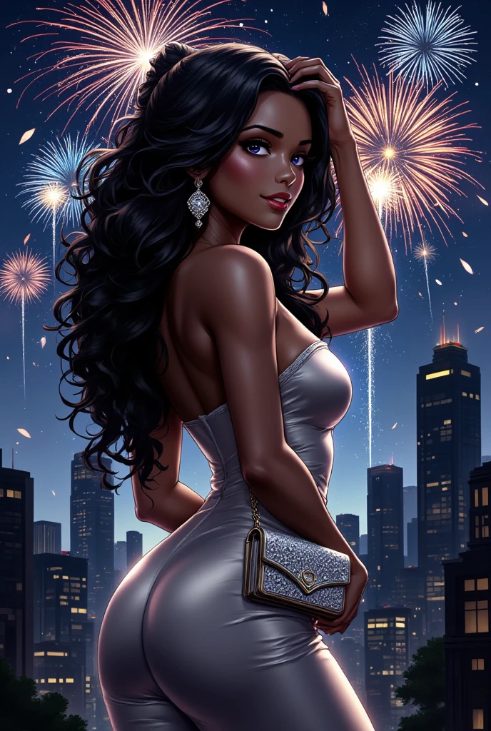 (1fille), dark-skinned_female, elegant_dress, gros seins, leS yeux alignéS, Des yeux brillants, voluptueux l, peau en sueur, wavy black hair, gros cul, ABS, city,  fireworks, looking_at_viewer