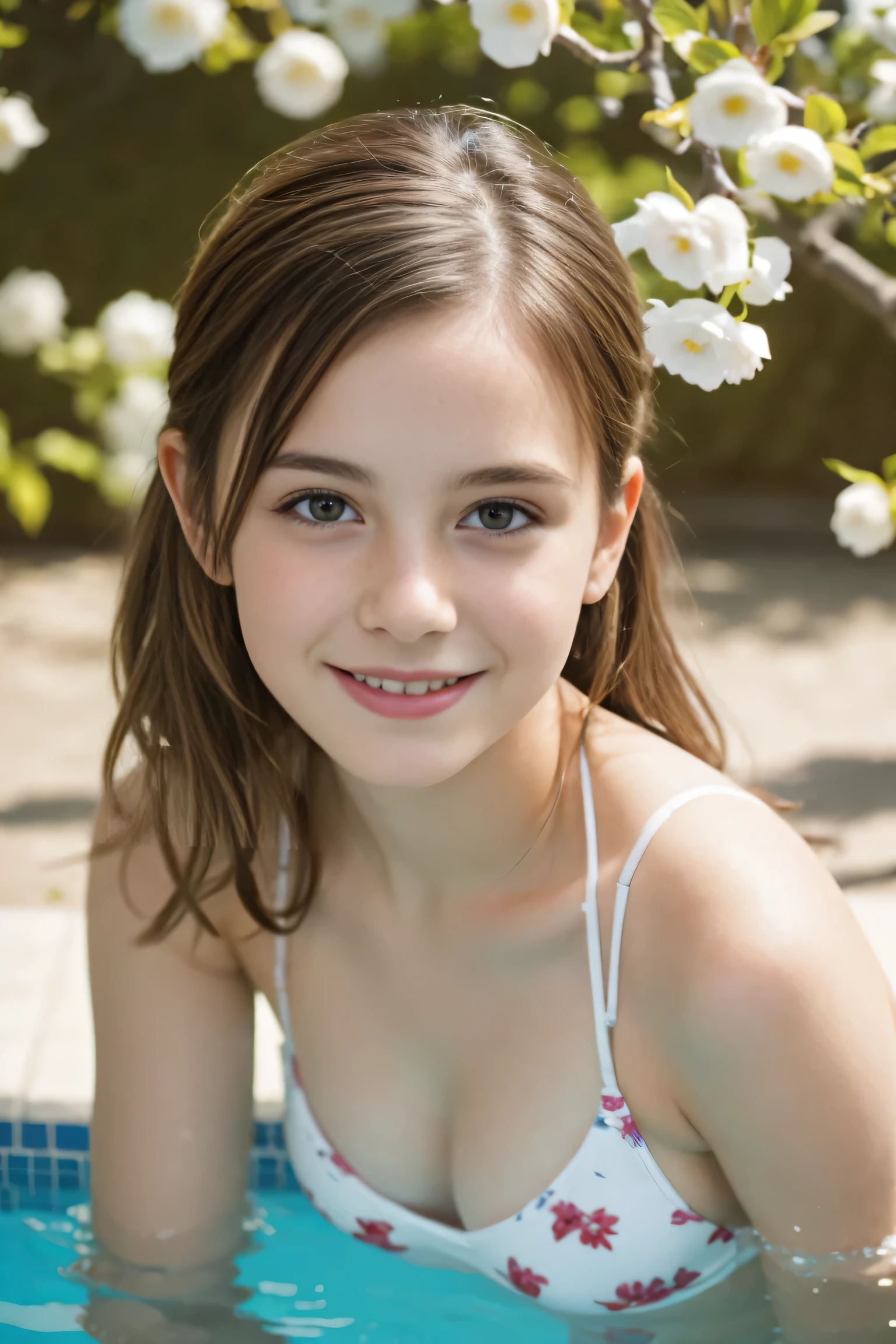 Masterpiece, Best quality, 8k, 18 ans, Photo brute, absurdes, Award-winning portrait, sourire, sourire, pure, french, spring, orchard in bloom, laces, famous singer, cute, fit, healthy, lovely, posing, bikini, swimming pool