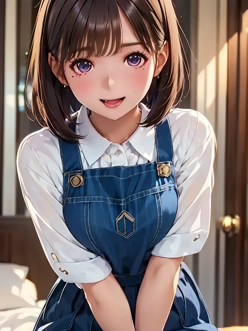 (top-quality、8K、32K、​masterpiece、nffsw:1.2)、Photo of a cute Japanese woman、tiny chest、very short bobbed hair、The upper part of the body、sface focus、shortsleeves、a necklace、simple background、From  above、looking at the viewers、A smile、bashfulness、pointing it downwards