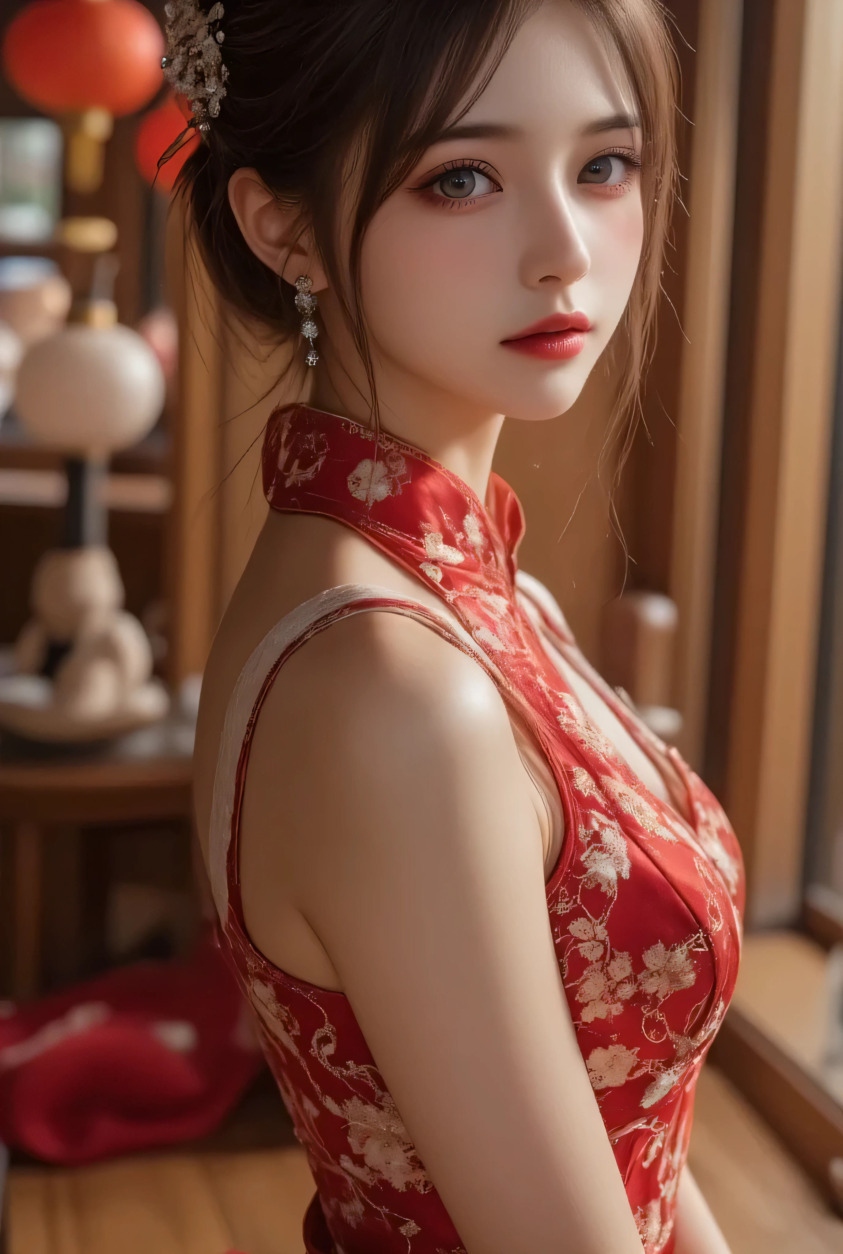 Cat ears、 face up、,attractive, pretty girl, ponytail、 (( fine facial features , eroticism)), dramatic lighting , realistic , 8k, Dramatic Shadows , intricate and elaborate patterns , super detailed photo , chiaroscuro lighting , Pleasant colors , deep contrast , super real 、 pink lipstick、 warm room、Vintage Fireplace 、 cinematic composition, beautiful silver gemstone chinese hair accessories , Close-up of face, A beautiful Korean idol wearing a red or pink sexy short cheongsam with golden or silver intricate floral embroidery, standing gracefully in a room filled with traditional Chinese New Year decorations. The room features vibrant red lanterns, decorative calligraphy scrolls, a small Chinese orange tree with golden ornaments, and several red envelopes scattered across the floor and hanging from the tree. Adorable, playful cats are part of the scene—some sitting near the tree, others curiously pawing at the red envelopes or lounging around. Through a window or an open door in the background, vibrant Chinese fireworks light up the night sky in an array of reds, golds, and blues, casting a magical glow into the room. The idol’s outfit is paired with subtle accessories like red hairpins or earrings, complementing the festive look. The atmosphere is warm and lively, filled with the joyful essence of the celebration, enhanced by the shimmering lights of the fireworks and the lively decor.