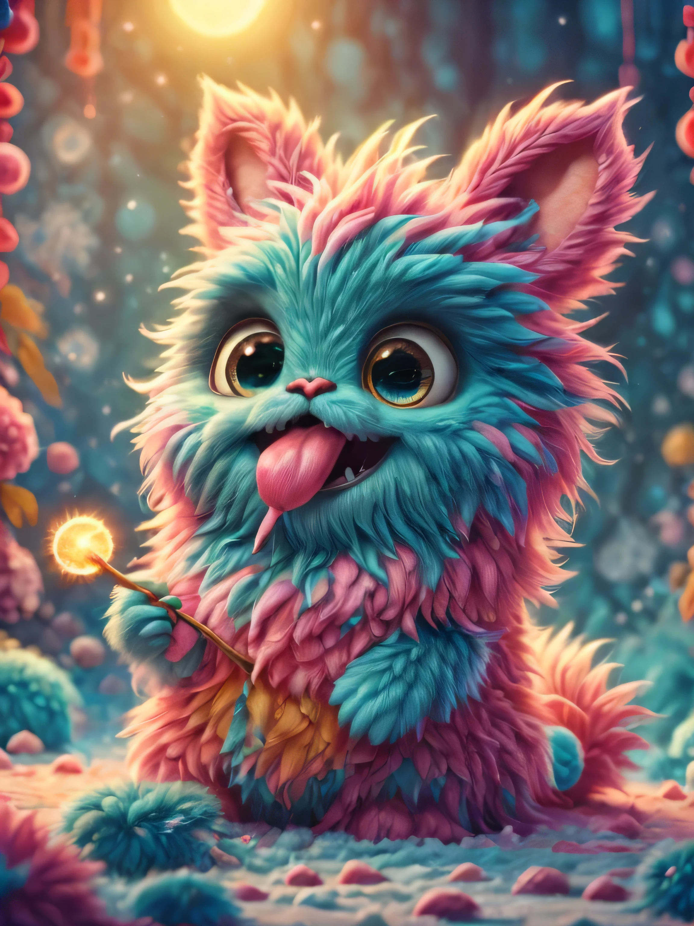 (Best Quality, Super Detail, Masterpiece, Representative Work, Official Art, Professional, Super Detail, 8k:1.3) (Photorealistic:1.2), Adorable blue furry monster with round eyes in a pink bunny suit, Licking an icicle with his tongue while sitting, Winter, Christmas, Night, Natural Lighting, Soft Background, Photorealistic, Shining Eyes, Sharp Focus, Cute and Mischievous Look, Hint of Mischief, Dreamy Atmosphere, Delicate Details, Soft Volumetric Light, (Backlight:1.3), (Cinematic:1.2), Intricate Details, (ArtStation:1.3)