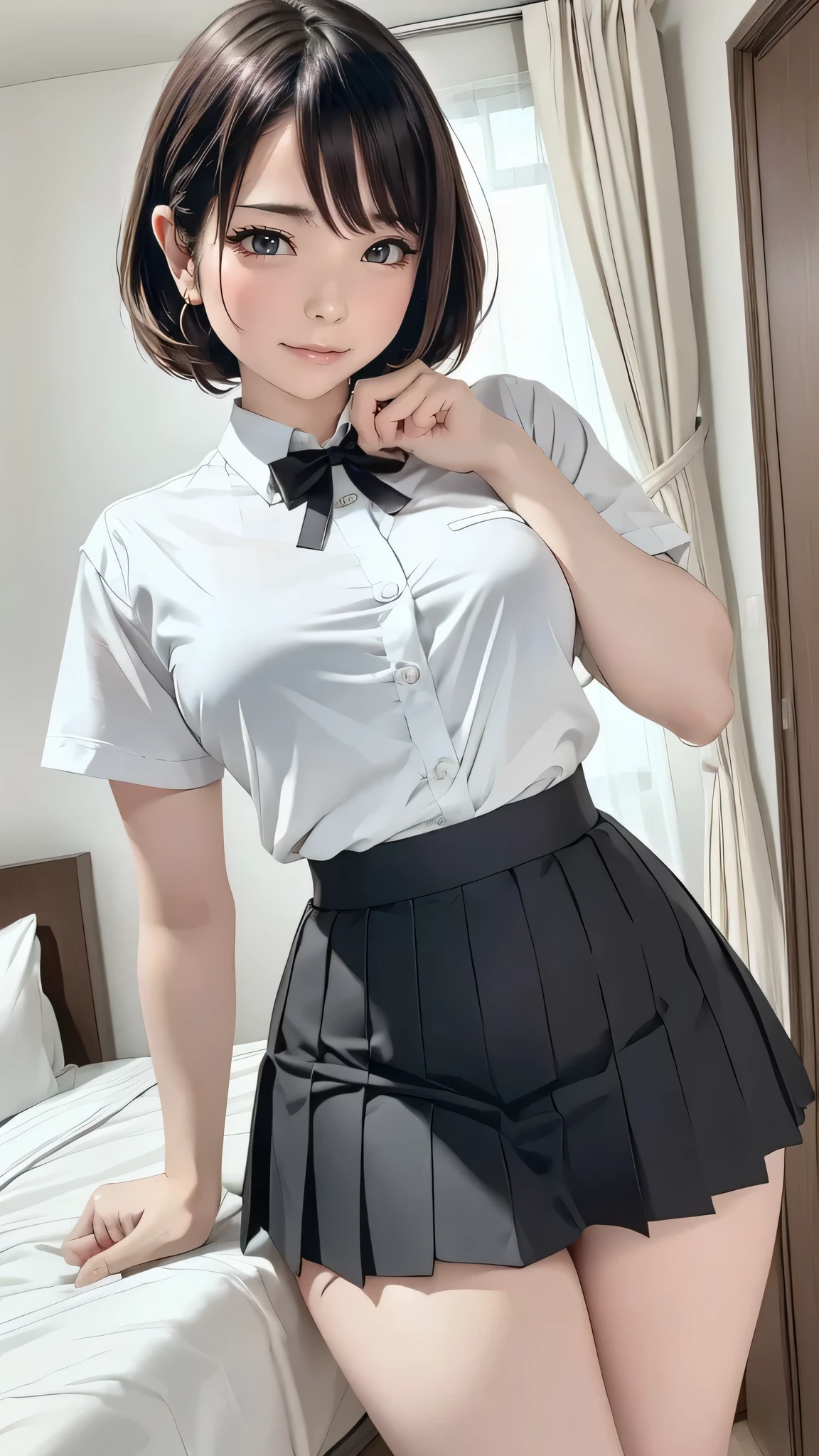 gravure idol pose hotel bed uniform white shirt HD Not too small bust black miniskirt Shorten your skirt Beautiful legs Beautiful Hair height 155 cm Clean image quality is wearing a mask