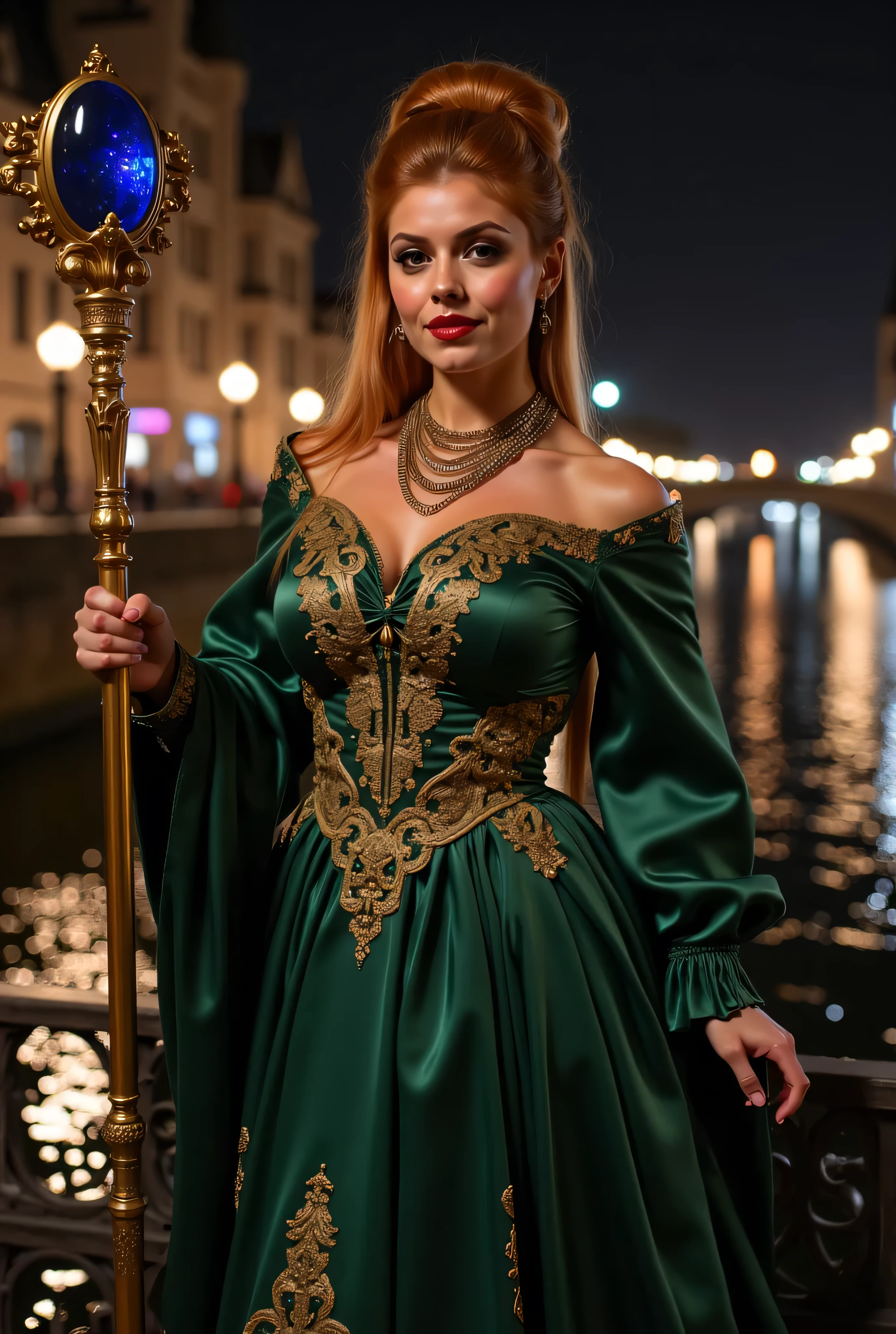 ((best quality, masterpiece, score_9, score_8_up, realistic photograph, life-like realism, fluxbodybuilder)), beautiful 19 year old girl, sultry female, ((ginger long hair updo, side view, skinny girl with oversized breasts)), light brown highlights, windy, (photo of a magical sorceress, head tilted, ((renaissance green silk gown, intricate, elaborate, gold embroidery, she's holding a magical staff with a large sapphire crystal on the tip, three gold chain necklaces, (((life-like photo, European girl, bright red lips, blackout eyeshadow goth, dark suntan)))))), pleasant smile, background medieval stone bridge over a sparkling bokeh river, smug look of superiority, night, dark, dim lighting, overexposed
