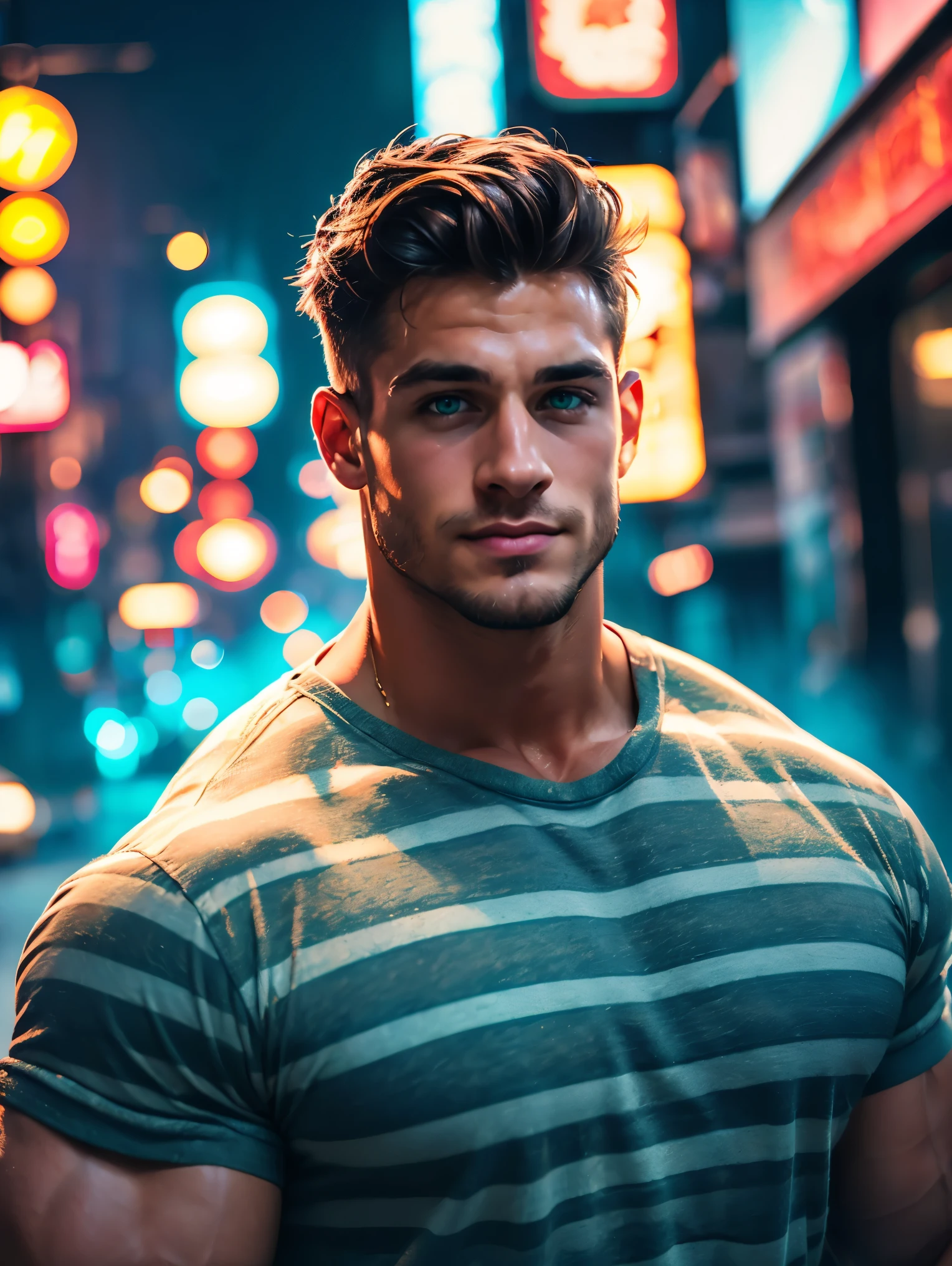 1man, 35 years old, bodybuilder, very muscular, Portrait photo of a handsome man wearing a plaid flannel shirt, white t-shirt, jeans, long brown hair, green eyes, dark brown skin, smile, (neon lights), sharp focus, futuristic city street, soft lighting, vibrant colors, facing camera, vibrant colors, realistic, masterpiece, best quality, cinematic, dynamic lighting, soft shadow, highest detail, professional photography, detailed background, depth of field, insane details, intricate, aesthetic, detailed face, subsurface scattering, realistic hair, realistic eyes,