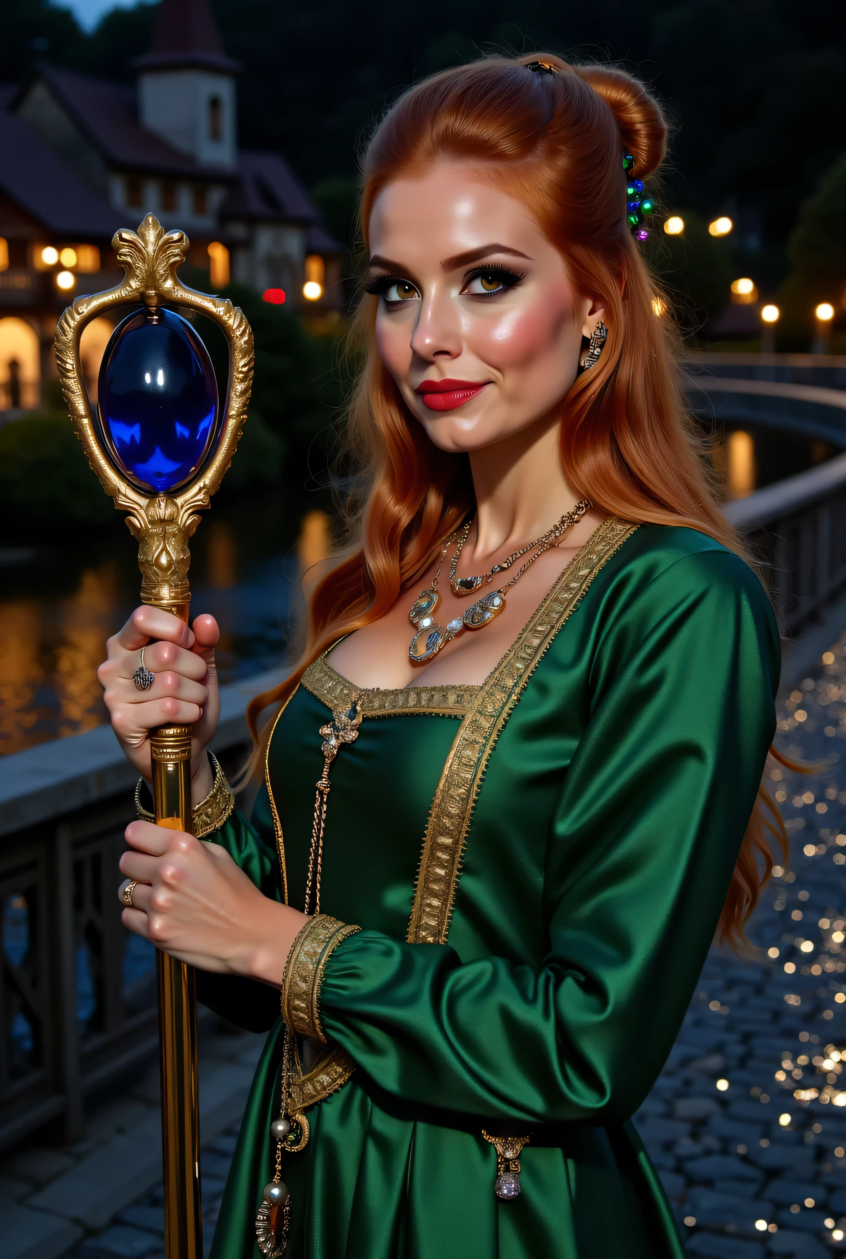 ((best quality, masterpiece, score_9, score_8_up, realistic photograph, life-like realism, fluxbodybuilder)), beautiful 19 year old girl, sultry female, ((ginger long hair updo, side view, skinny girl with oversized breasts)), light brown highlights, windy, (photo of a magical sorceress, head tilted, ((renaissance green silk gown, intricate, elaborate, gold embroidery, she's holding a magical staff with a large sapphire crystal on the tip, three gold chain necklaces, (((life-like photo, European girl, bright red lips, blackout eyeshadow goth, dark suntan)))))), pleasant smile, background medieval stone bridge over a sparkling bokeh river, smug look of superiority, night, dark, dim lighting, overexposed