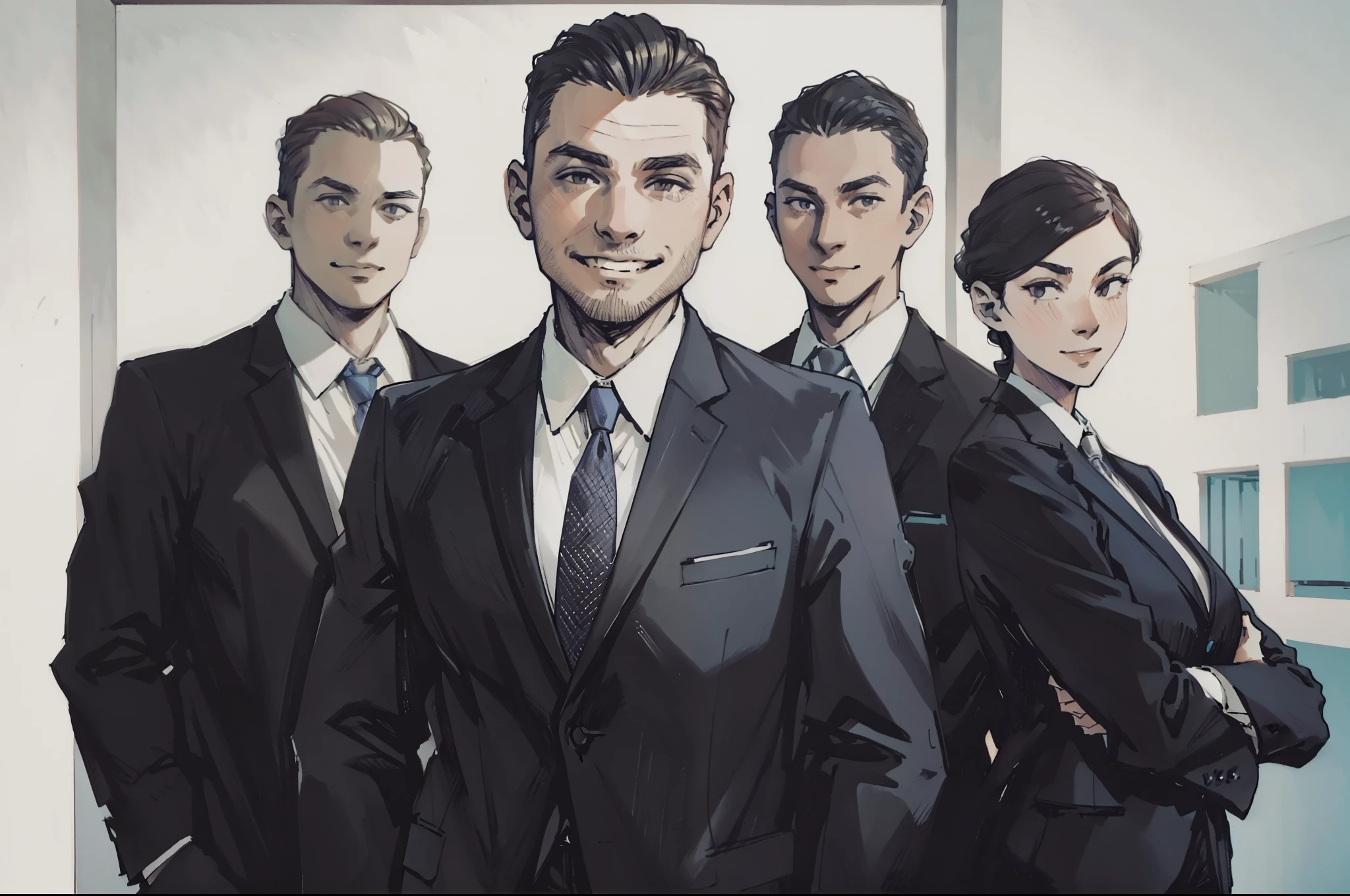 smiling business man in suit and tie standing with his team, professional profile picture, group of people, corporate portait, professional image, wearing a business suit, wearing business suit, a group of people, corporate photo, corporate business, professional, professional comercial vibe, professional shot, office clothes, professional cooperate, detailed professional photo, by Joseph Werner, professional closeup photo