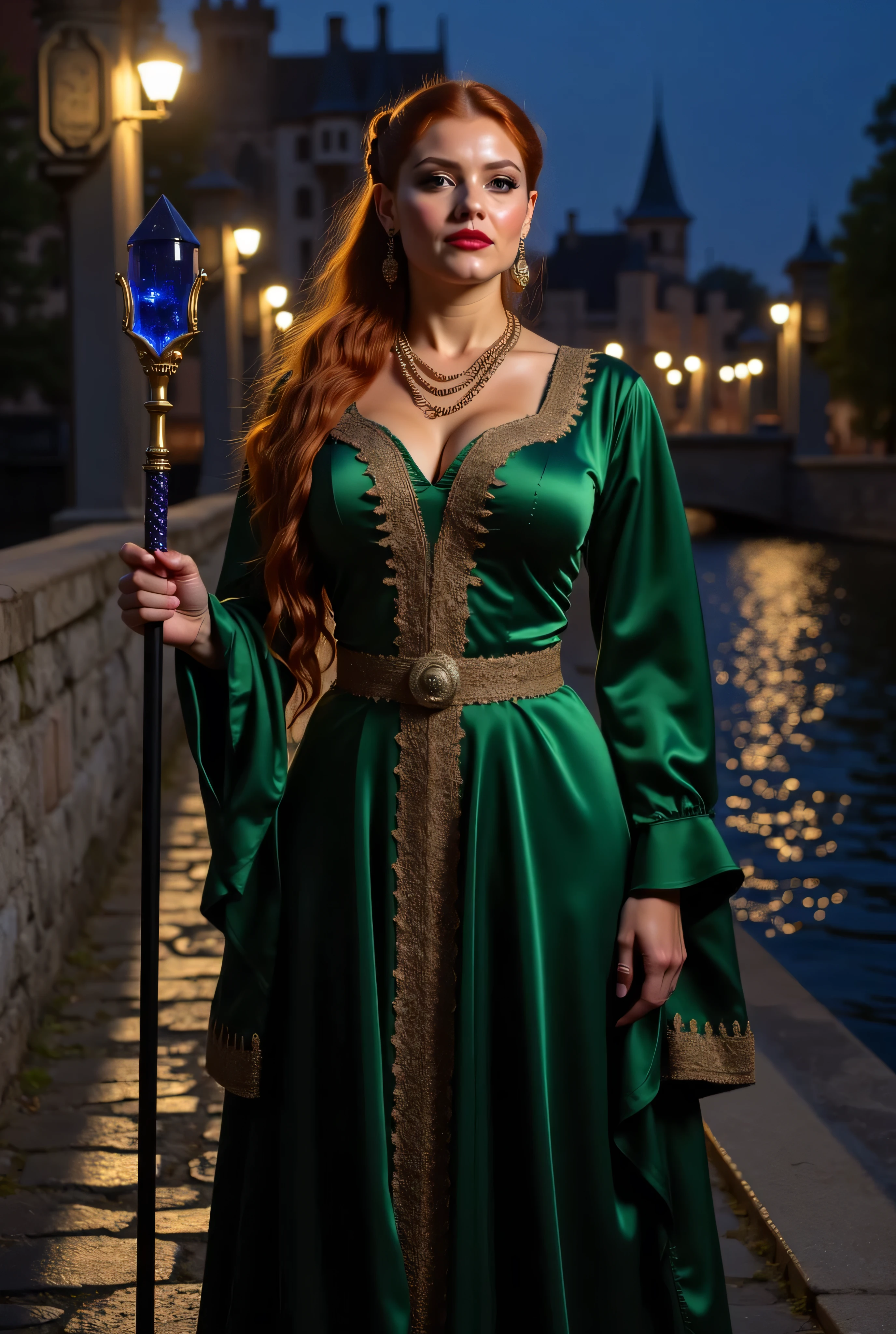((best quality, masterpiece, score_9, score_8_up, realistic photograph, life-like realism, fluxbodybuilder)), beautiful 19 year old girl, sultry female, ((ginger long hair updo, side view, skinny girl with oversized breasts)), light brown highlights, windy, (photo of a magical sorceress, head tilted, ((renaissance green silk gown, intricate, elaborate, gold embroidery, she's holding a magical staff with a large sapphire crystal on the tip, three gold chain necklaces, (((life-like photo, European girl, bright red lips, blackout eyeshadow goth, dark suntan)))))), pleasant smile, background medieval stone bridge over a sparkling bokeh river, smug look of superiority, night, dark, dim lighting, overexposed

